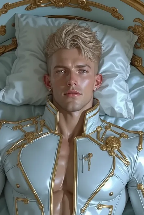 hyperrealism. high, style very beautiful, male, strong figure , powerful , height 190, wearing a high-tech space-fitting fabric suit, his muscles that accentuate his muscles . open torso. The suit has a golden filigree . Man with almond blue eyes. he i...