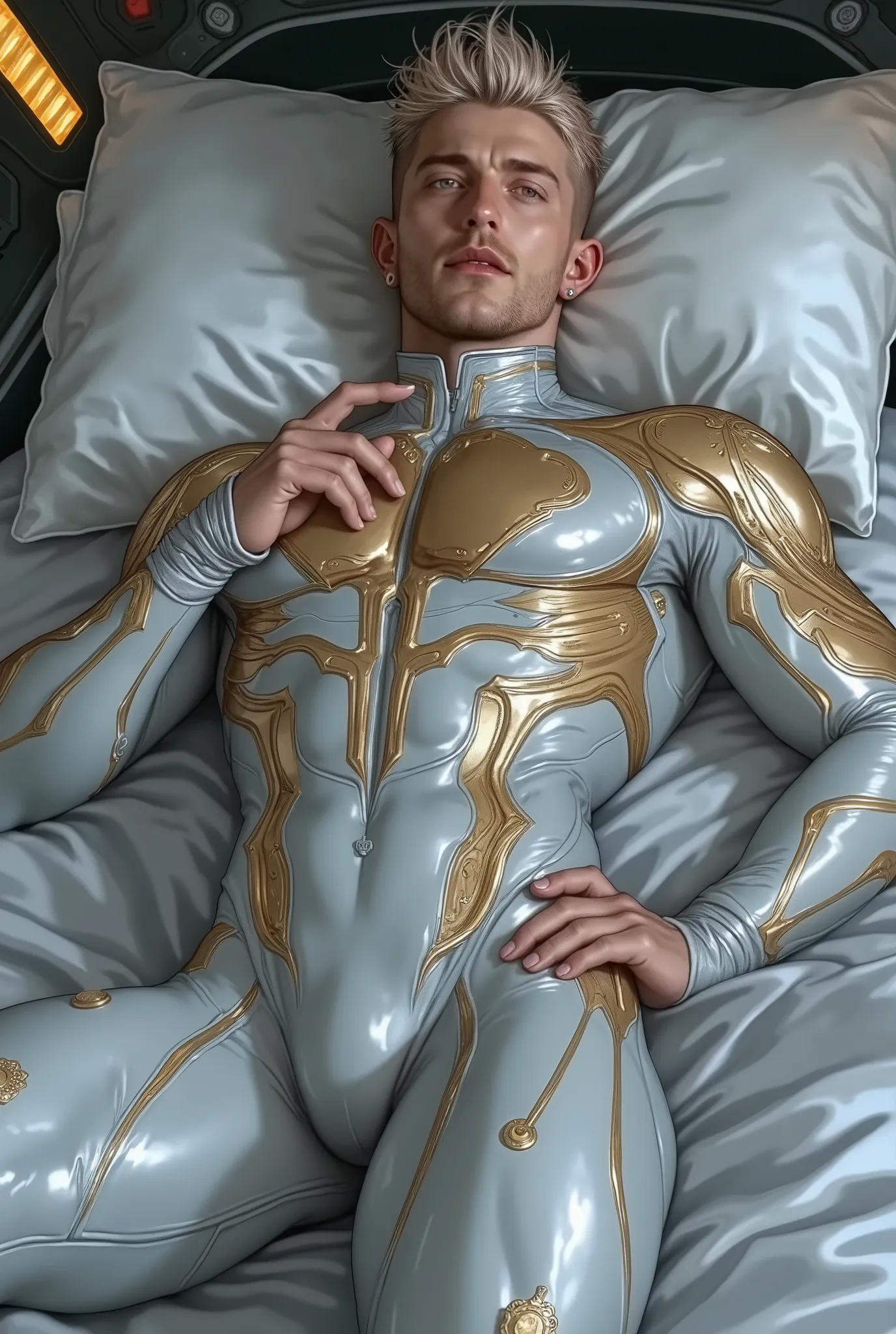 hyperrealism. high, style very beautiful, male, strong figure , powerful , height 190, wearing a high-tech space-fitting fabric suit, his muscles that accentuate his muscles . open torso. The suit has a golden filigree . Man with almond blue eyes. he i...