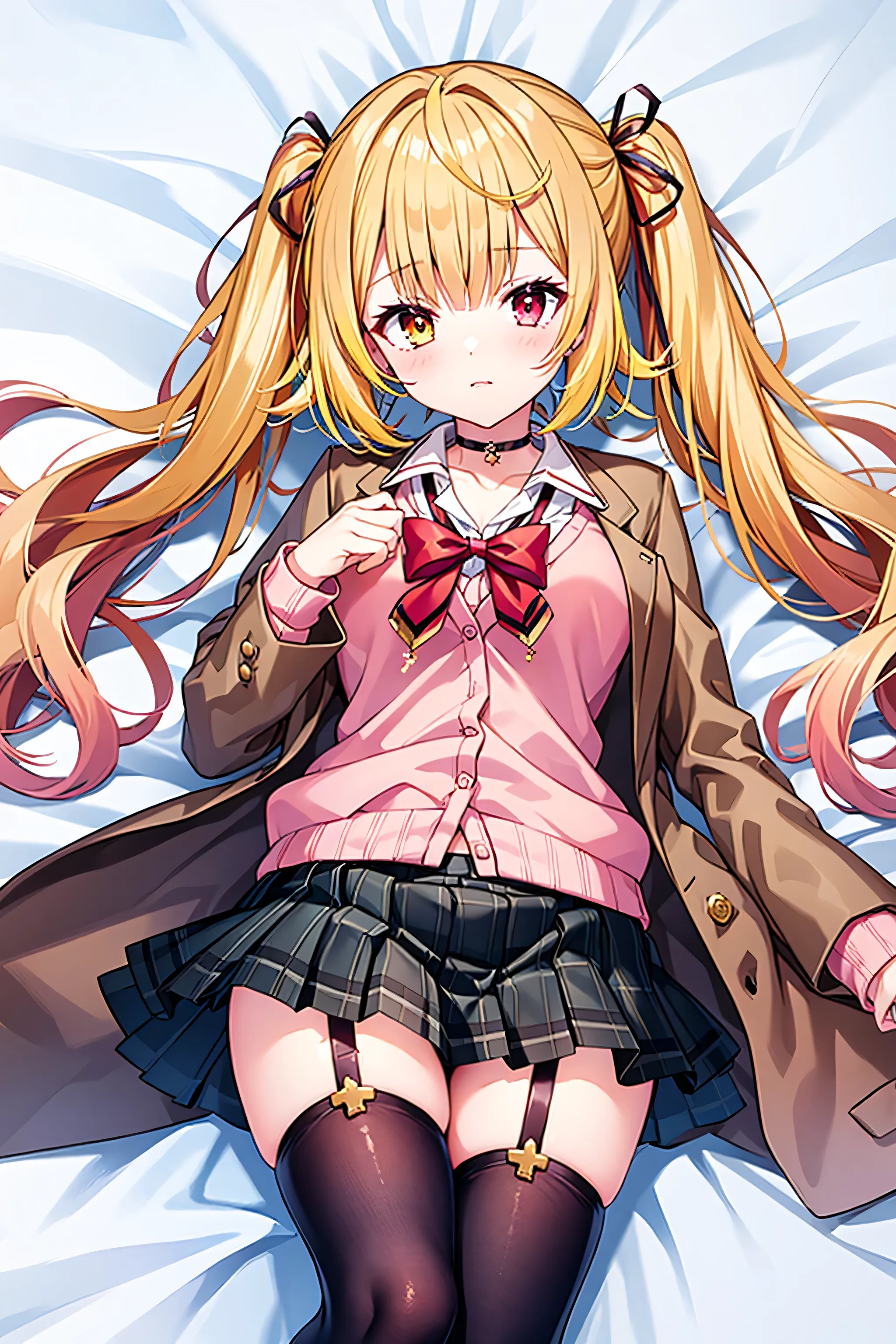 1 person, Red Eyes, yellow eyes, Blonde, twin tails, Medium Hair, hair bow, pink cardigan, Dark Brown Blazer, black thigh high socks, plaid skirt , black choker, Garter Belt, school uniform, white sheets, Lie on your back, Embarrassing, Red cheeks, Seduci...