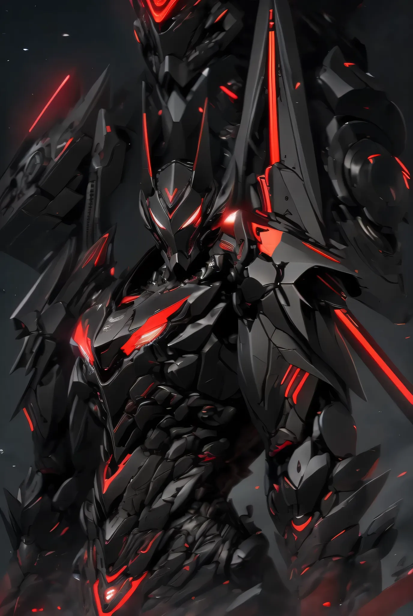 Close-up of a motorcycle mecha,has a red light, black and  red armor, Futuristic Armor, black armor, Dark armor, black and red reflective armor, Corrupted Armor, ,  red armor,  Demon Armor , Dark Futurism, complex assassin mech armor, angular metal armor, ...