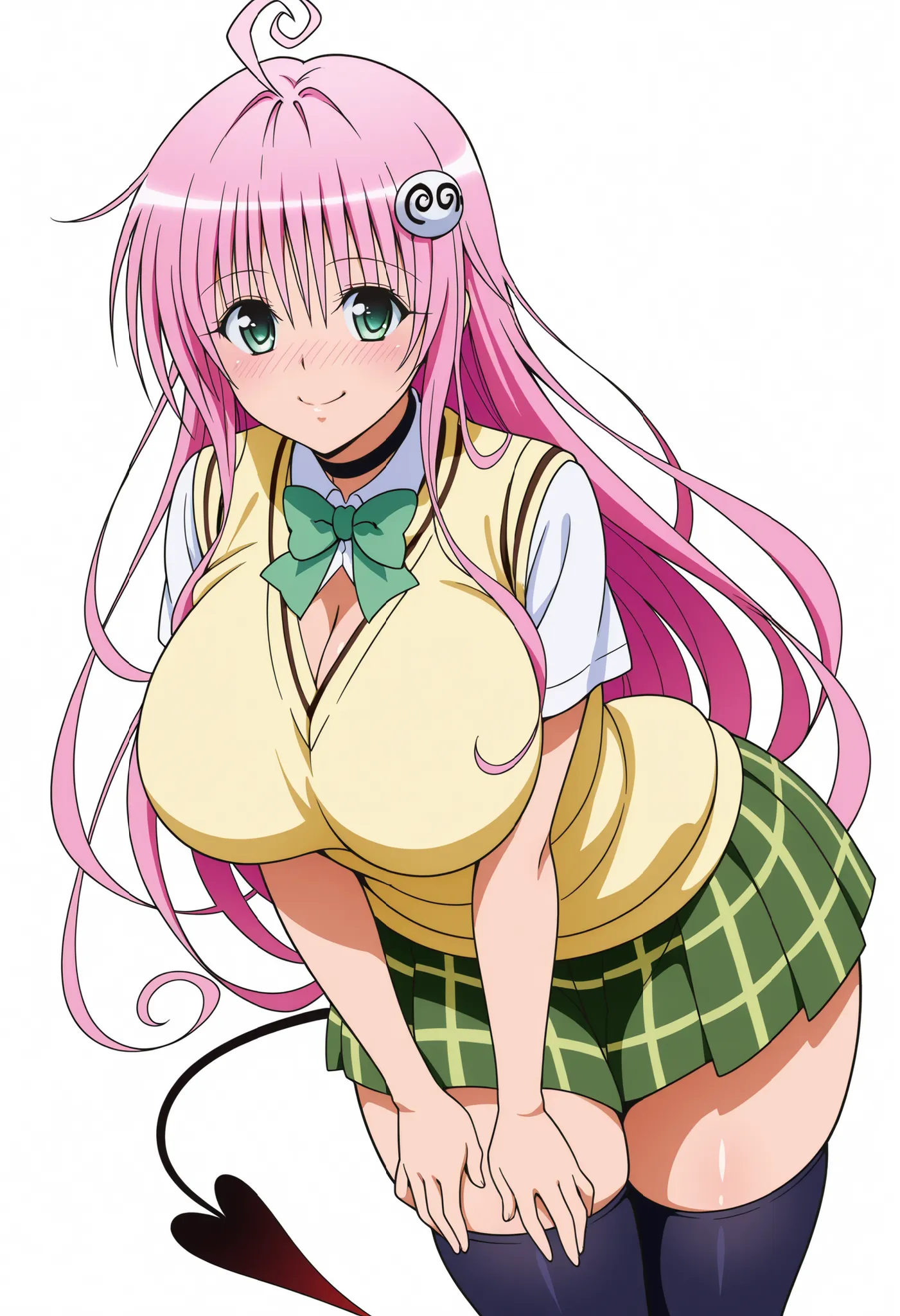 score_9, score_8_up, score_7_up, source_anime,
laladeviluke, 
lala deviluke, long hair, pink hair, tail, ahoge, bangs, hair ornament, green eyes,
demon tail, green skirt, plaid, plaid skirt, sainan high school uniform, school uniform, skirt, sweater vest, ...