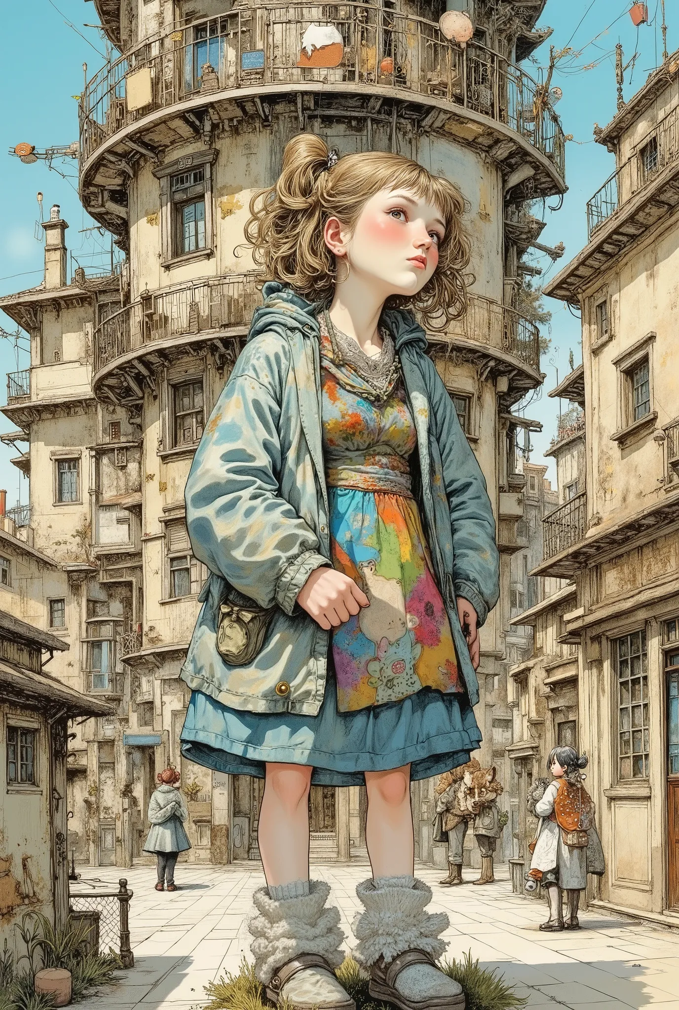  cartoon cute with huge eyes on the floor of his face,  profile view ,
  coquette  ,  colored fluffy hair in funny ponytails ,  fluffy dress,  fluffy slippers ,
 digital art
surrealism 