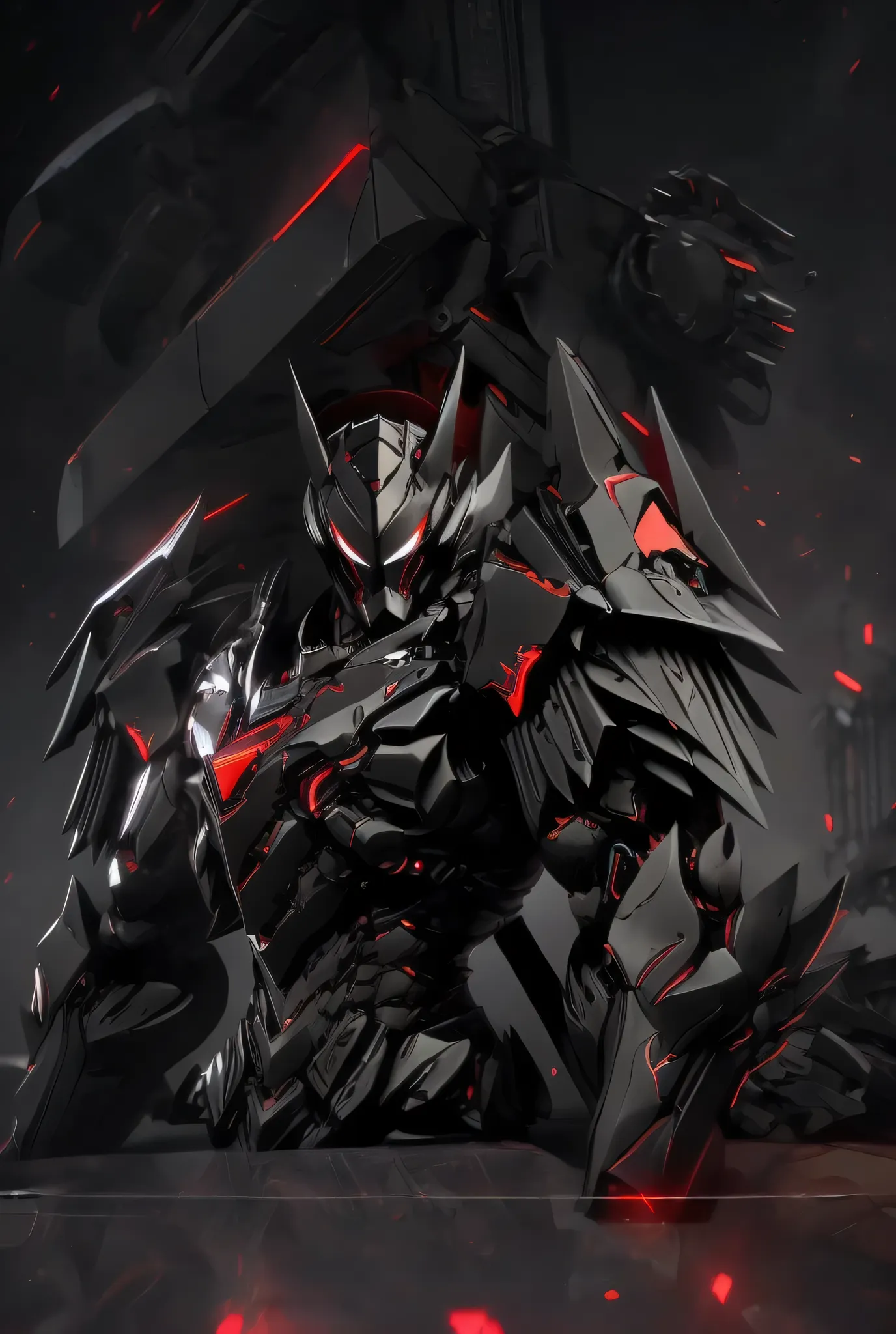 Close-up of a motorcycle mecha,has a red light, black and  red armor, Futuristic Armor, black armor, Dark armor, black and red reflective armor, Corrupted Armor, ,  red armor,  Demon Armor , Dark Futurism, complex assassin mech armor, angular metal armor, ...