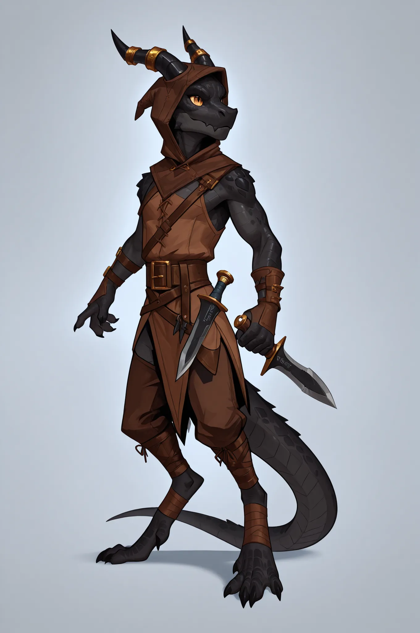 Snikch, kobold, black scales, hood, brown rogue clothes, great horns, fullbody art, solo, lean, holding two dagger,
