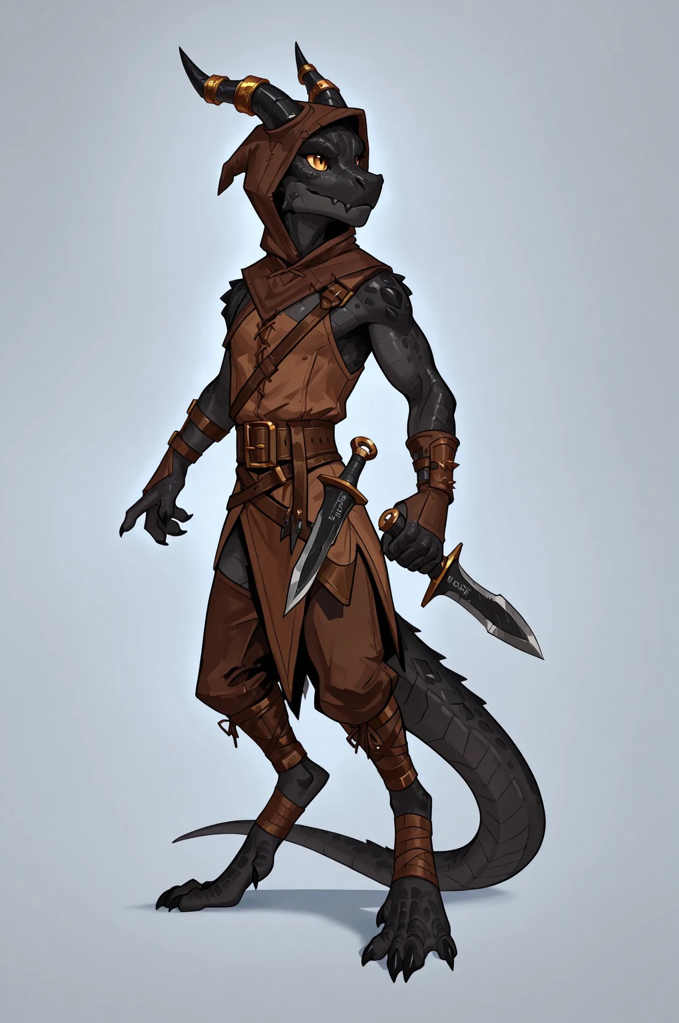 Snikch, kobold, black scales, hood, brown rogue clothes, great horns, fullbody art, solo, lean, holding two dagger,