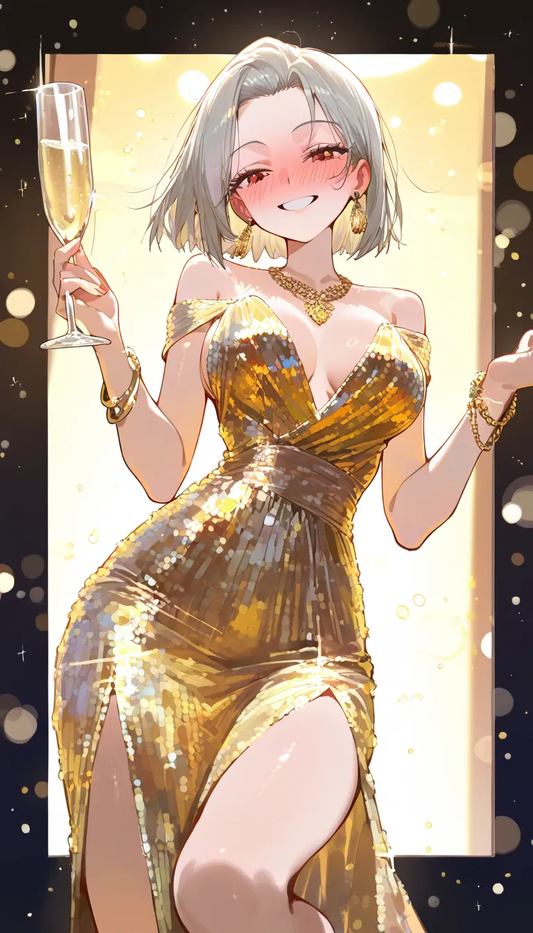 (beautiful girl : 1.3),1 girl,(gold sequin dress,Off Shoulder,Slit,earrings in the picture,bracelet,necklace), Silver Hair,bob cut,Forehead,Smile Yan,Embarrassing,Blush,are drunk,Has a Cocktail Glass,Tall champagne glasses,host club,Particles of Light,Jumping,dynamic angle,masterpiece,top quality,Rich Contrasts,HIGH DEFINITION,8k,High Definition CG Unit Wallpaper,Textures,Incredibly Absurd,RAW pictures,Deep Border 1 .2,very detailed