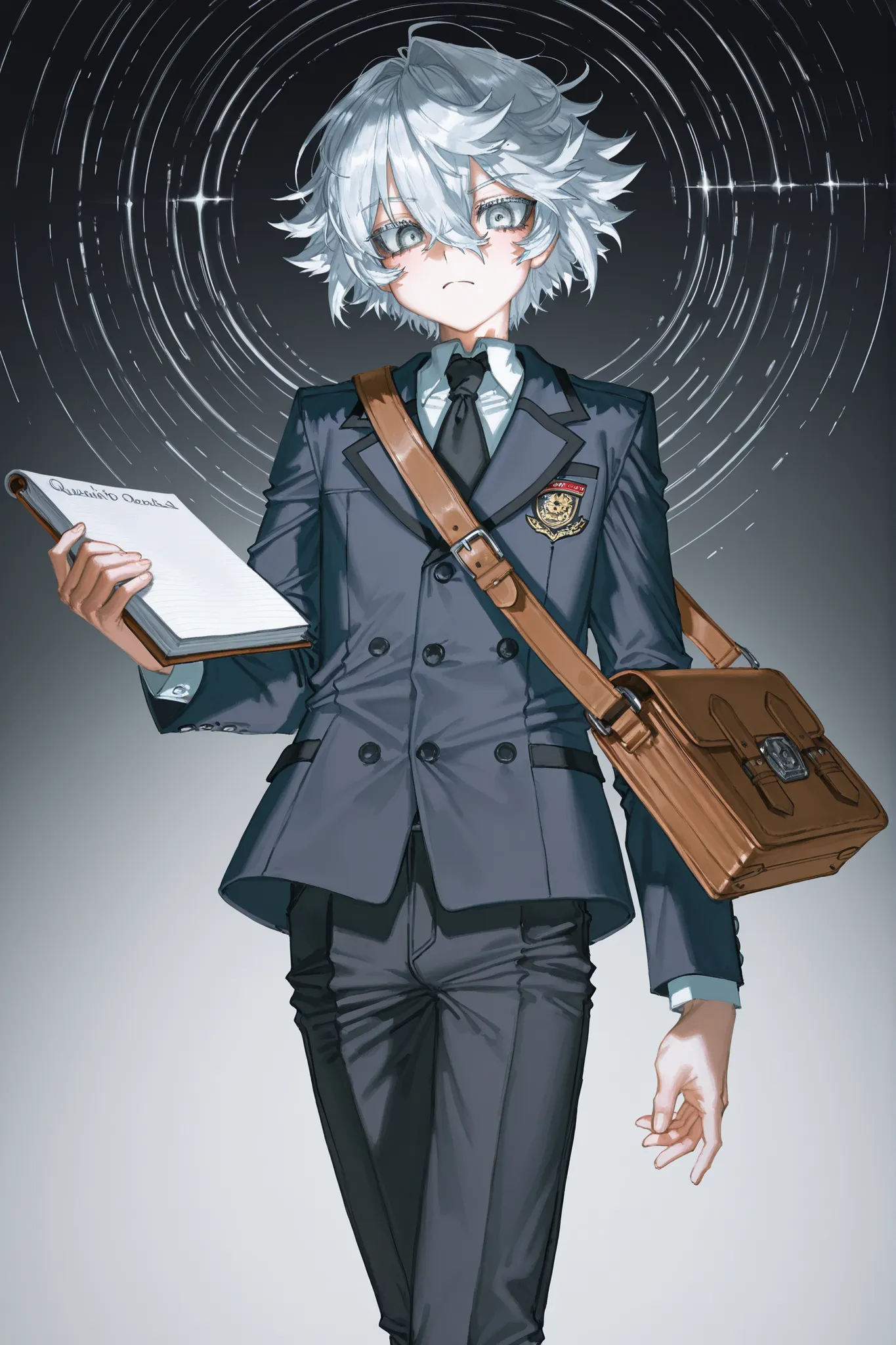 male, man, 1boy, solo, mahito,quasarcake,tsukko (3ki2ne10), Sai is a slender, somewhat frail looking teenager with distinctive white hair and sharp, observant grey eyes. He wears a standard dark school uniform consisting of a navy blazer, white dress shirt...