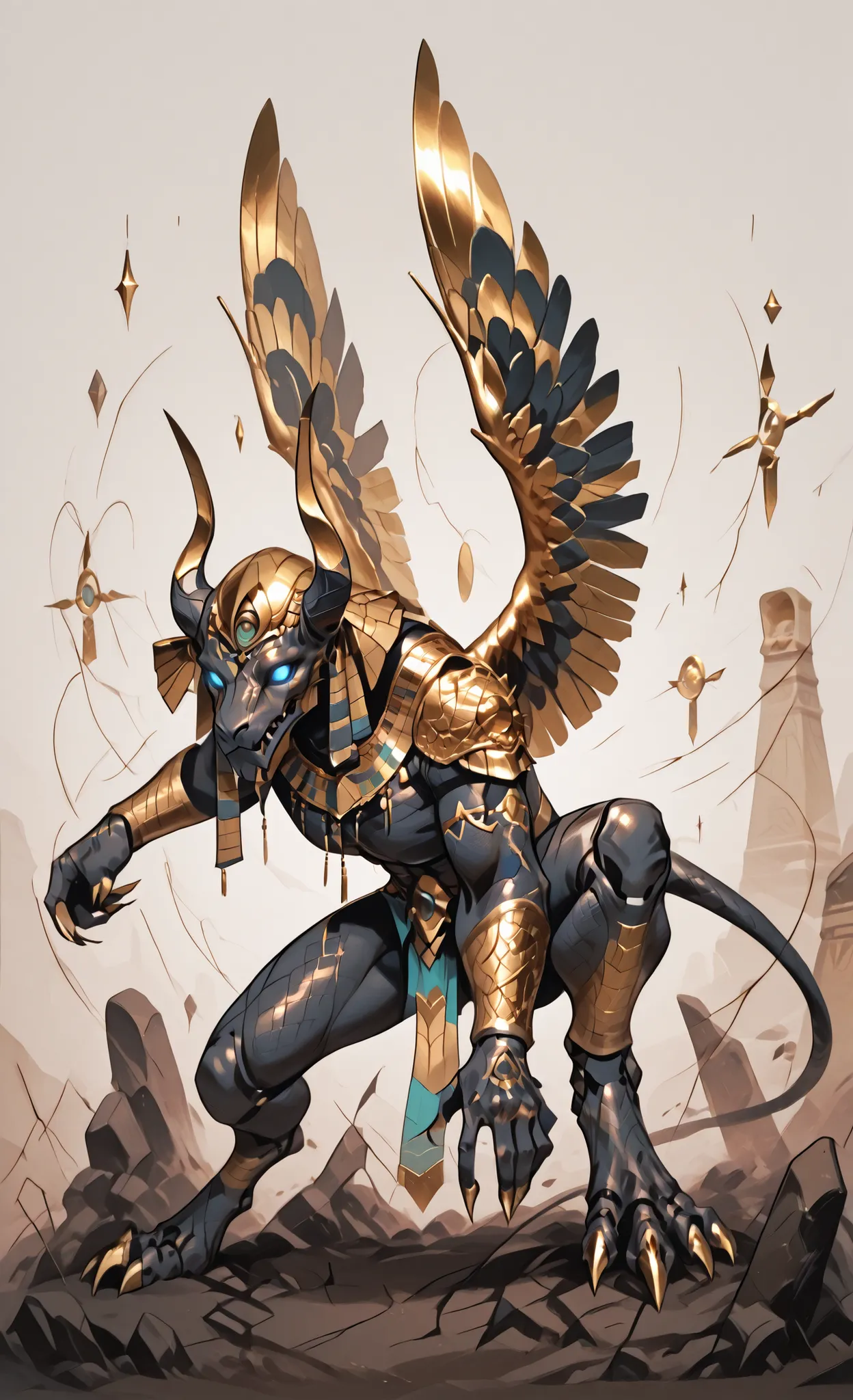 A magnificent and mythical humanoid figure is captured in an intricate and dynamic pose, reminiscent of a futuristic gargoyle or a legendary creature. This character possesses a striking blend of ornate armor and organic features, merging artistry with a s...