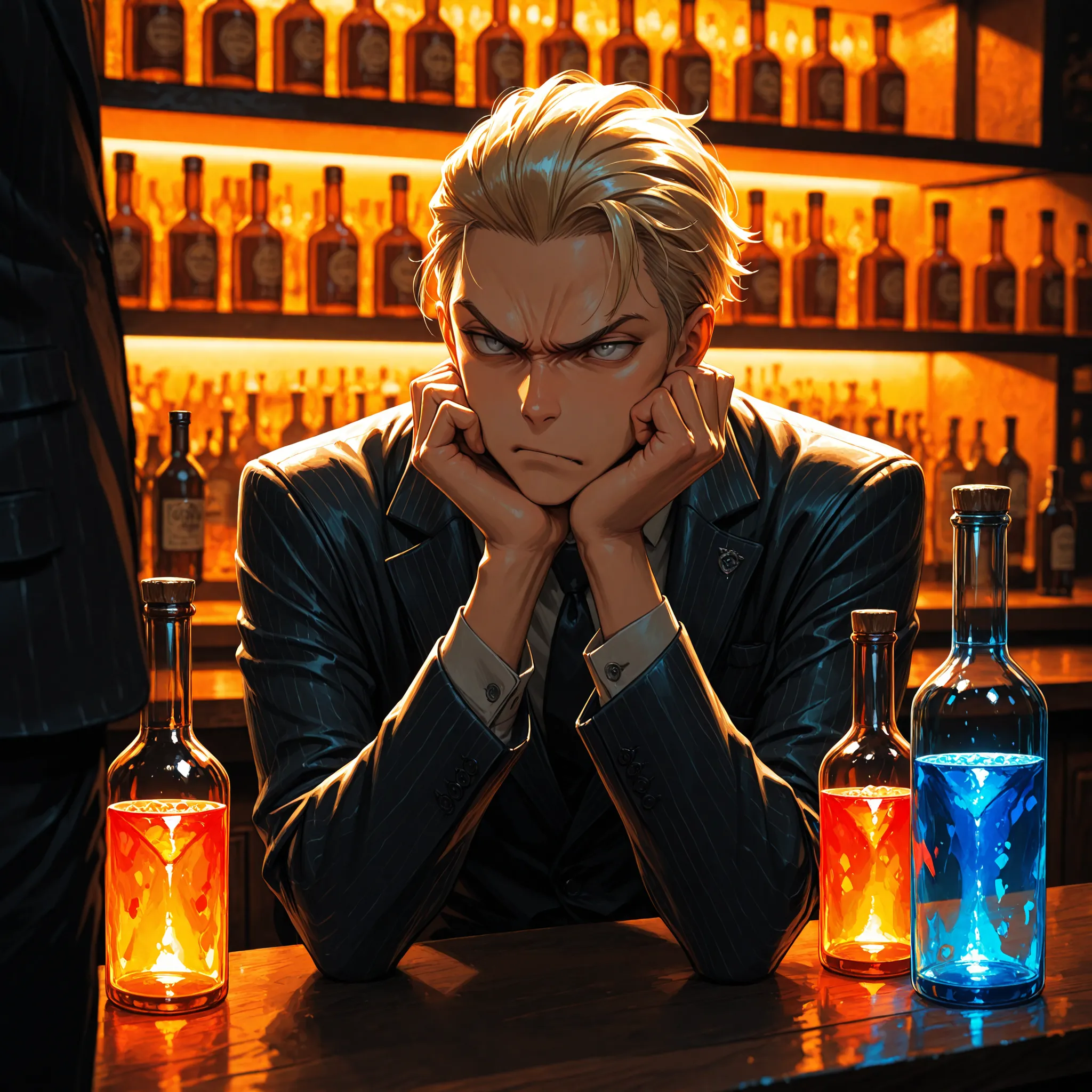 masterpiece,best quality,absurdres,1boy,male,elder,42yo,Hardboiled Novel Detective,in 1930's,middle age,Blonde hair,short-cut,hair slicked back,middle parted hair,grey eyes,V-shaped eyebrows,head rest,scowl,suit,(Colorful bottles lined up on the counter:1....