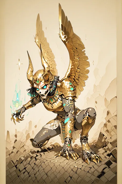A magnificent and mythical humanoid figure is captured in an intricate and dynamic pose, reminiscent of a futuristic gargoyle or a legendary creature. This character possesses a striking blend of ornate armor and organic features, merging artistry with a s...
