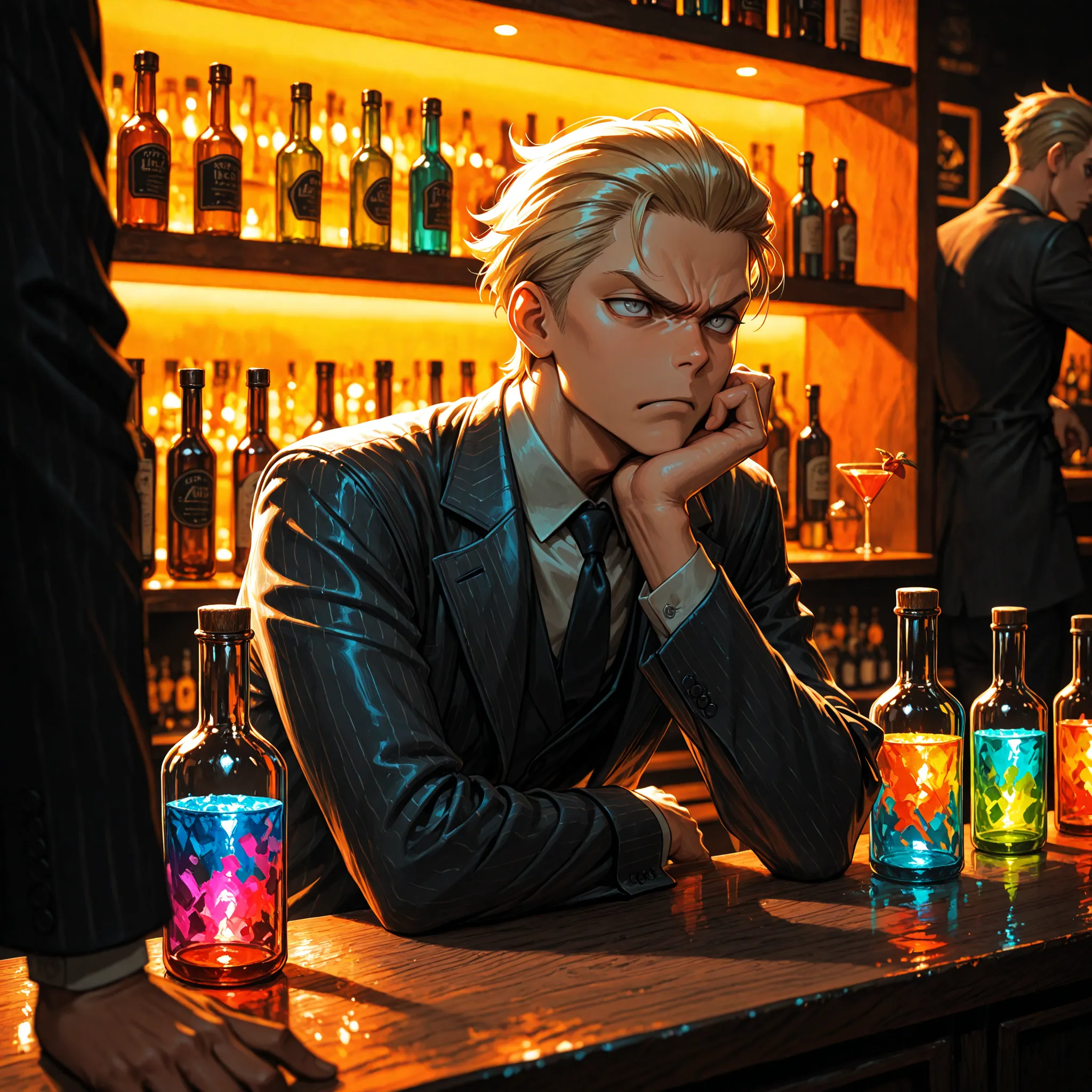 masterpiece,best quality,absurdres,1boy,male,elder,42yo,Hardboiled Novel Detective,in 1930's,middle age,Blonde hair,short-cut,hair slicked back,middle parted hair,grey eyes,V-shaped eyebrows,head rest,scowl,suit,(Colorful bottles lined up on the counter:1....