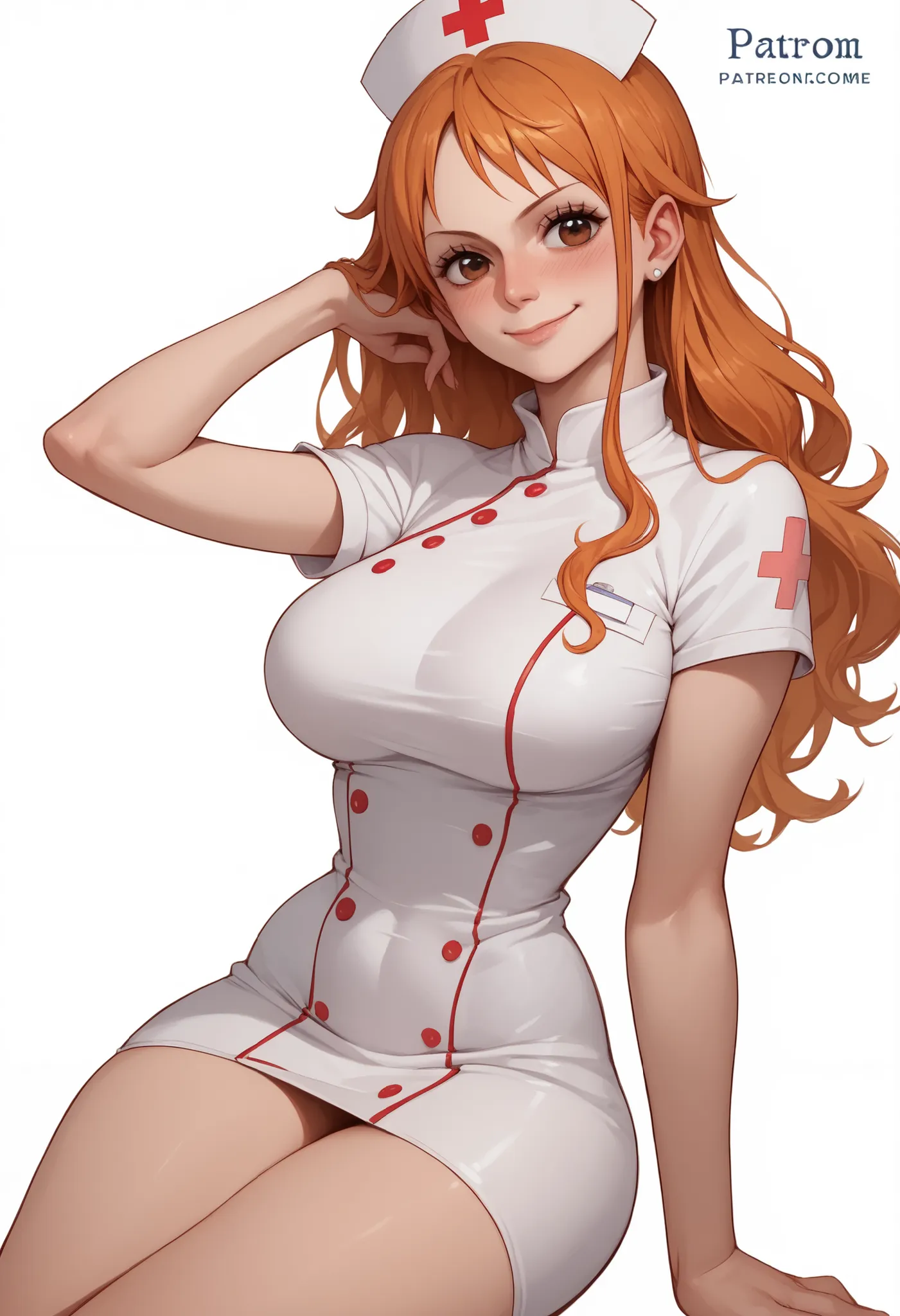 Nami, Sexy voluptuous body, Tall stature, sexy tight nurse costume, ,  blushed , view from front, posing, white background, empty background, nose blush, closed mouth, smile, nice legs