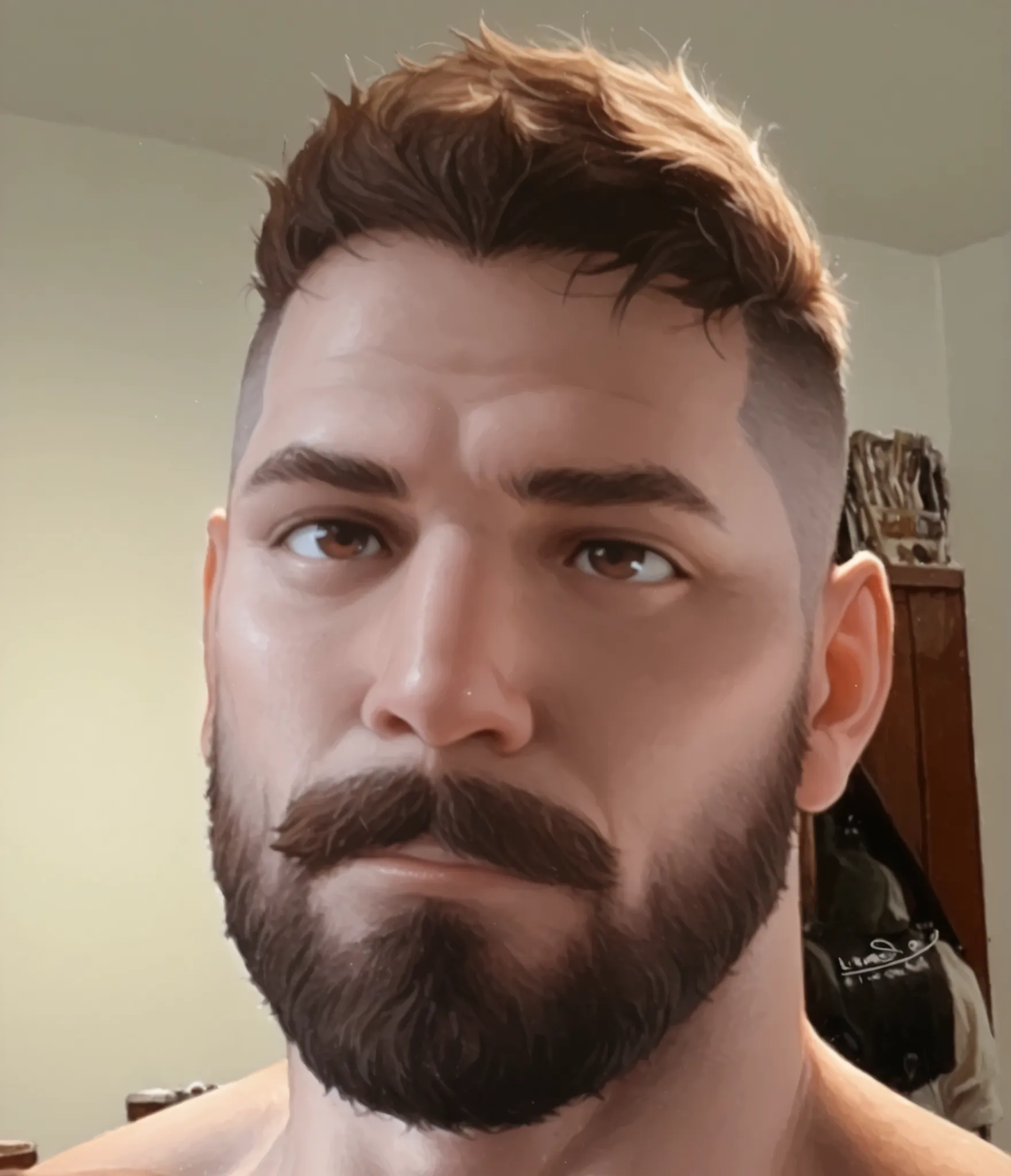mature male,muscular,traditional media, realistic, puffy nipples, covered nipples,  male,bara,gay,muscular,traditional media, line art, (film grain, linear hatching:1.3), 1man, undercut hair, brown eyes, mustache, beard
(isaacchief300:0.8)