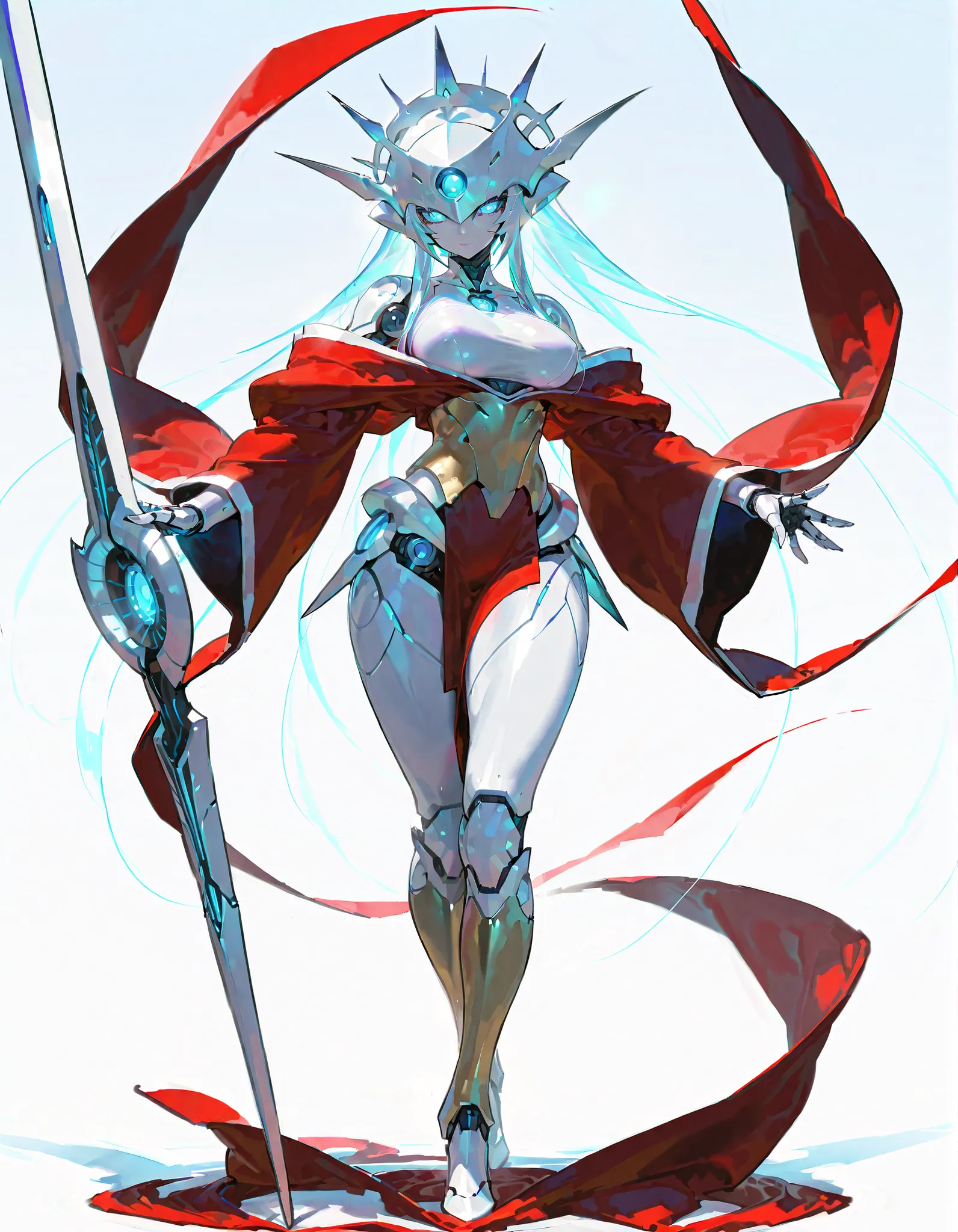 (((masterpiece))), (((Best Quality))), ((Ultra-detailed)), ((extremely delicate and beautiful)),solo, Full body, (phyrexian robotic female)(phyrexian android female) (mechanical undead lady) skin replaced with iron, (pale gold hair and glowing ultra-blue e...