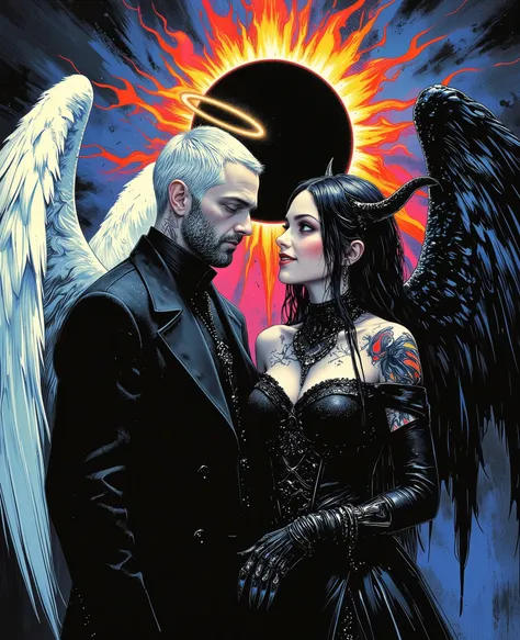 color contrast, hyperrealistic poses, cinematographic photography , detailed, best quality , High resolution , intricate details, vivid colors , detailed Style Photography Hyperrealism oil painting portrait of a creepy yet beautiful mystical couple , ((( b...