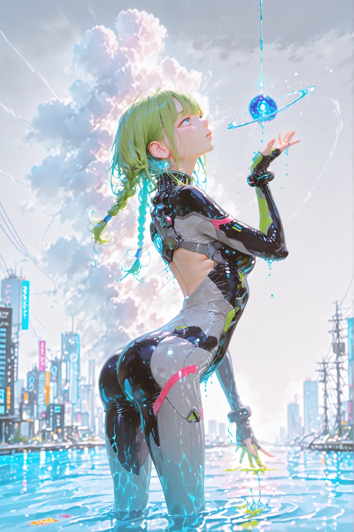 A sensual girl with bright green hair, divided into two braids thrown over her shoulders, vibrant blue eyes, wearing a futuristic bodysuit made entirely of water, with a visible texture of flowing water Lucid that reflects light. She's in a dynamic pose, w...