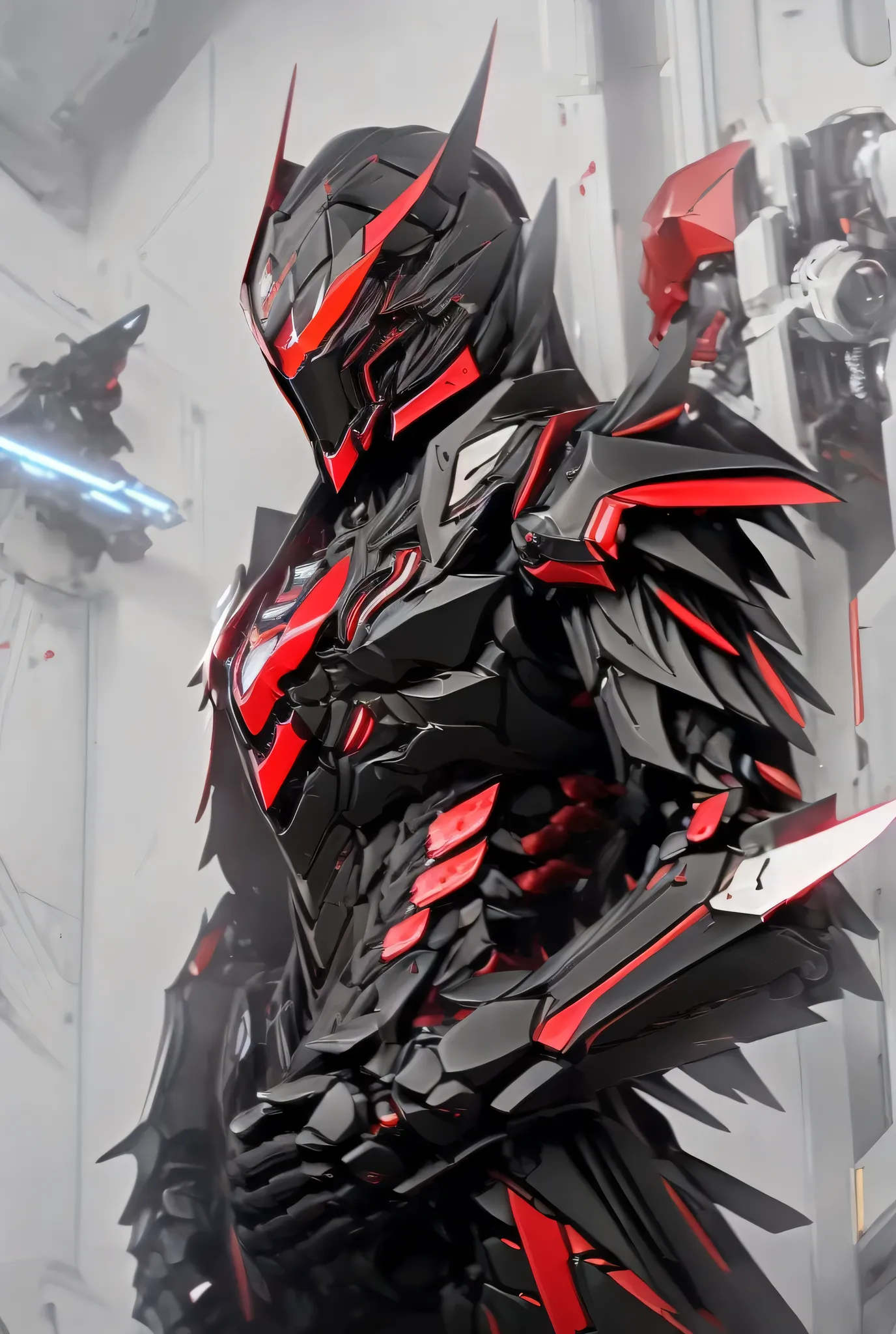 Close-up of a motorcycle mecha,has a red light, black and  red armor, Futuristic Armor, black armor, Dark armor, black and red reflective armor, Corrupted Armor, ,  red armor,  Demon Armor , Dark Futurism, complex assassin mech armor, angular metal armor, ...