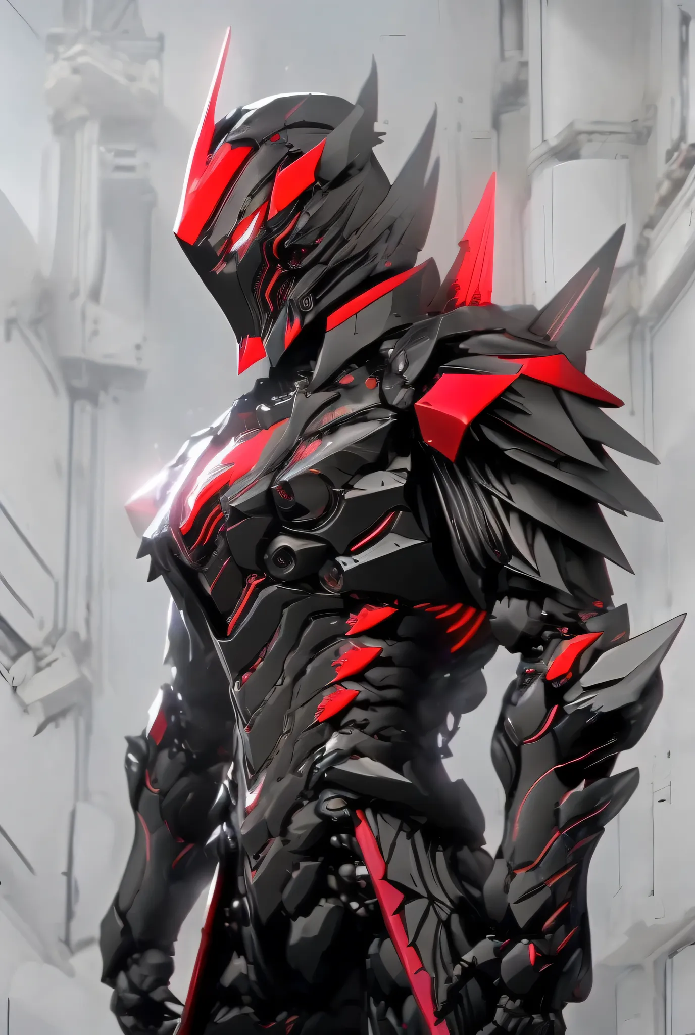 Close-up of a motorcycle mecha,has a red light, black and  red armor, Futuristic Armor, black armor, Dark armor, black and red reflective armor, Corrupted Armor, ,  red armor,  Demon Armor , Dark Futurism, complex assassin mech armor, angular metal armor, ...