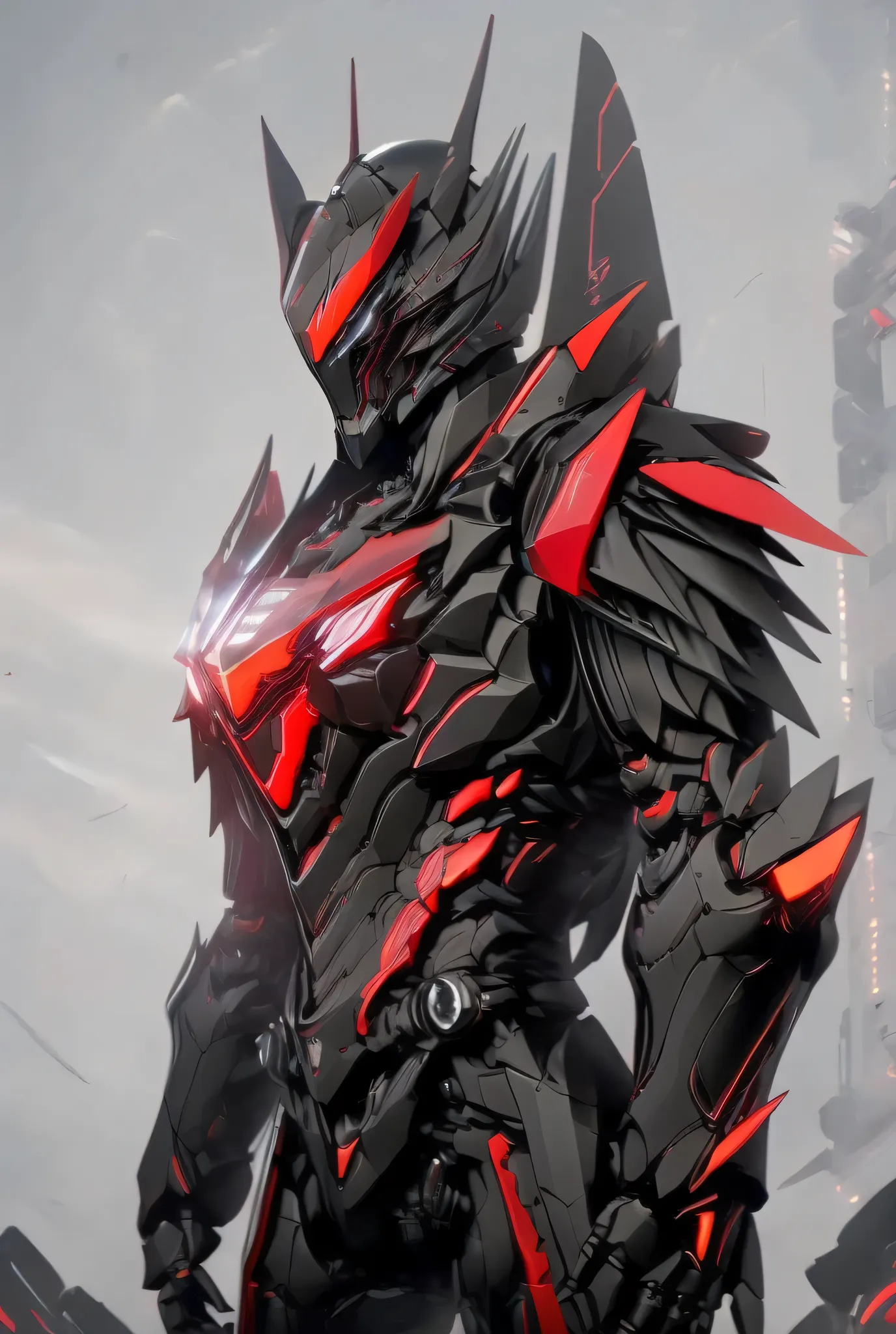 Close-up of a motorcycle mecha,has a red light, black and  red armor, Futuristic Armor, black armor, Dark armor, black and red reflective armor, Corrupted Armor, ,  red armor,  Demon Armor , Dark Futurism, complex assassin mech armor, angular metal armor, ...