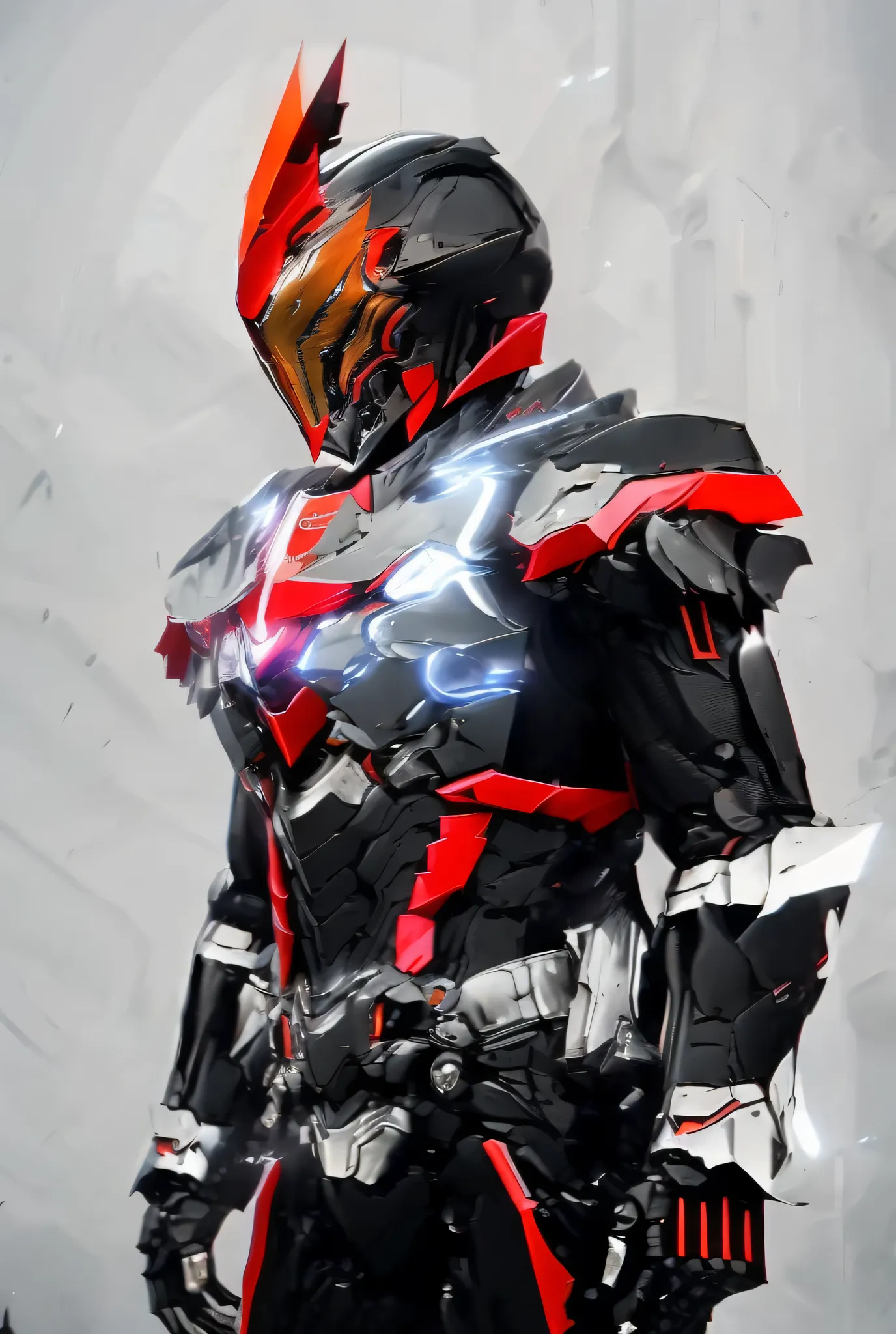Close-up of a motorcycle mecha,has a red light, black and  red armor, Futuristic Armor, black armor, Dark armor, black and red reflective armor, Corrupted Armor, ,  red armor,  Demon Armor , Dark Futurism, complex assassin mech armor, angular metal armor, ...