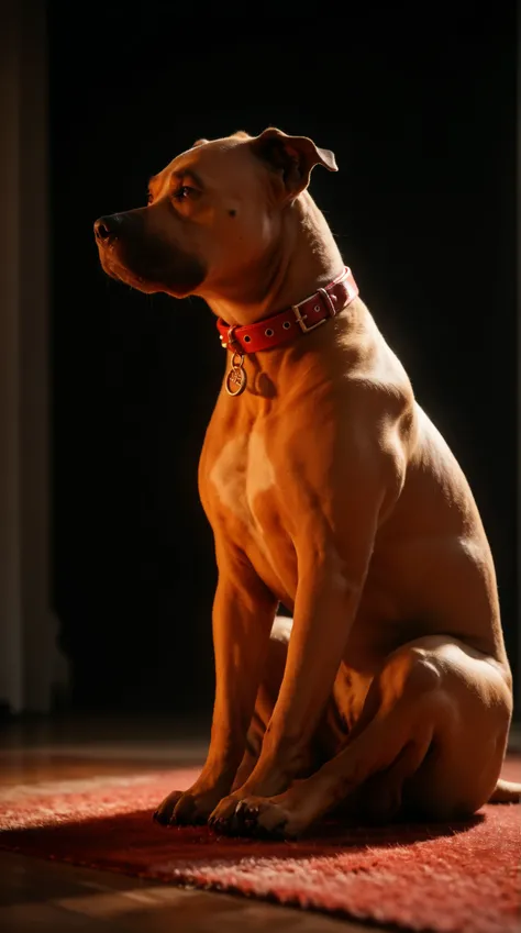 ((pitbull dog)) (sitting) on a red velvet carpet wearing a collar facing the camera. Set against an dark room with dramatic lighting. tan fur, side profile, firelight, closeup