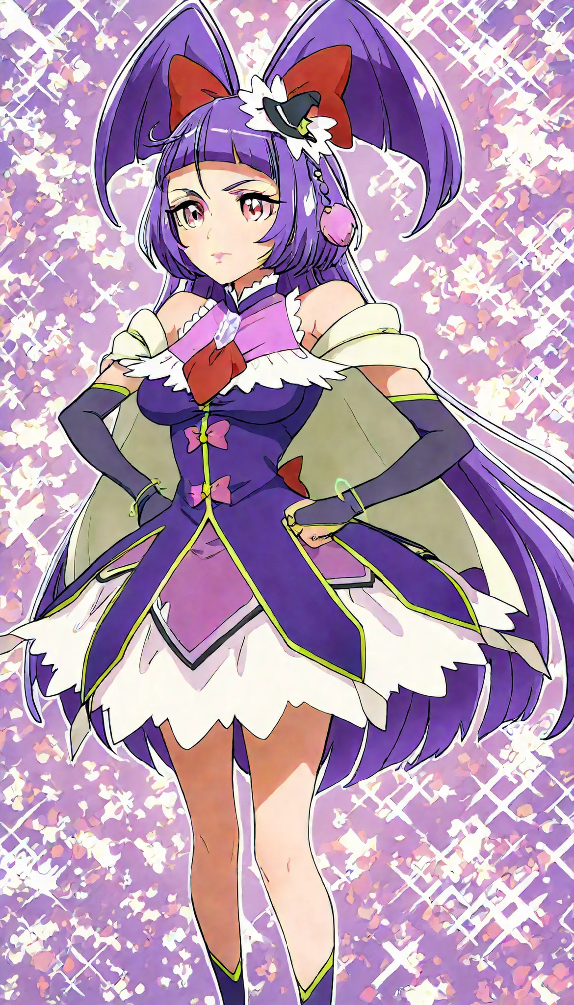 masterpiece, best quality, absurdres, very aesthetic, cure magical, cure magical \(diamond style\), crmgcldiamond, purple hair, blunt bang ,1girl, solo,  large breast ,rouge lips, hands on hips ,serious ,rouge lips,closed mouth, full body ,glitter storm ba...