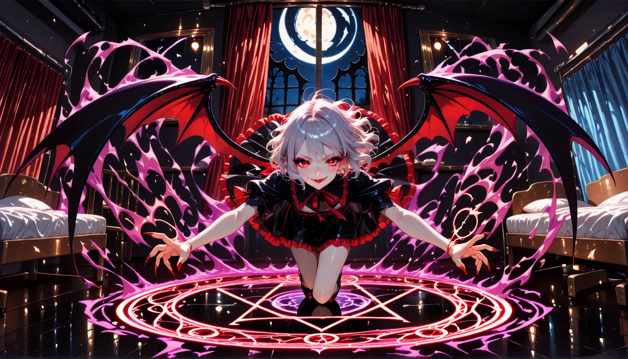 Very High resolution,cute anime-style,masterpiece,best quality,amazing quality,hyper-detailed,very aesthetic,A hospital room late at night,The lights are out,(Darkness:1.3),A private room,An open window,Curtains fluttering in the wind,A crescent moon,A mag...