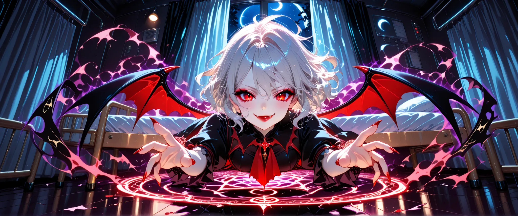 Very High resolution,cute anime-style,masterpiece,best quality,amazing quality,hyper-detailed,very aesthetic,closeup shot,A hospital room late at night,The lights are out,(Darkness:1.3),A private room,An open window,Curtains fluttering in the wind,A cresce...