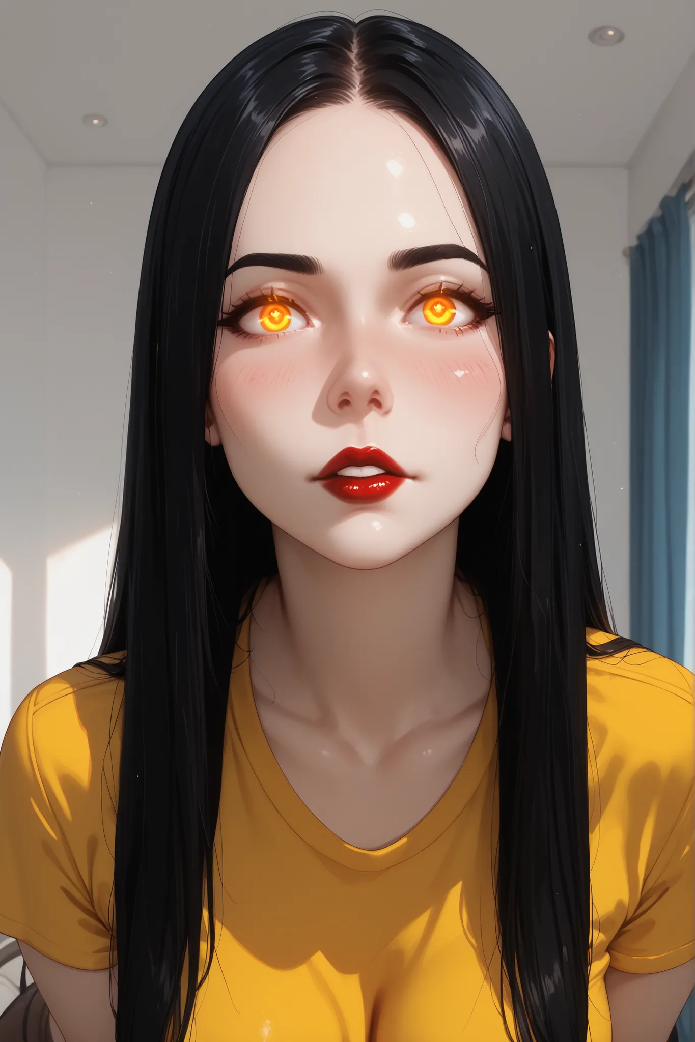 (Large Straight Hair, Blue Straight Hair, Bright Straight Hair, Black Thin Eyebrows, Glows Eyes, Blush, Red Lips, Perfect Face, Beautiful Woman) (Yellow T-Shirt), (Medium Breasts, Perfect Breasts), (Livingroom Background)