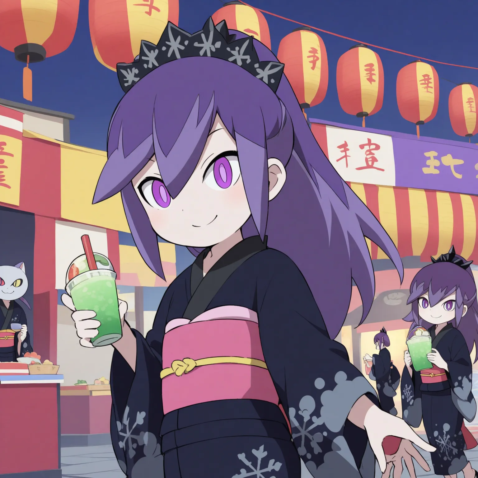 Hyakkihime from Yo-kai Watch、1 woman in the body、Smile Yan、purple hair carrying  purple eyes、black snowflake headdress、Black yukata、pink waist cloth 、Enjoying the summer festival、夜