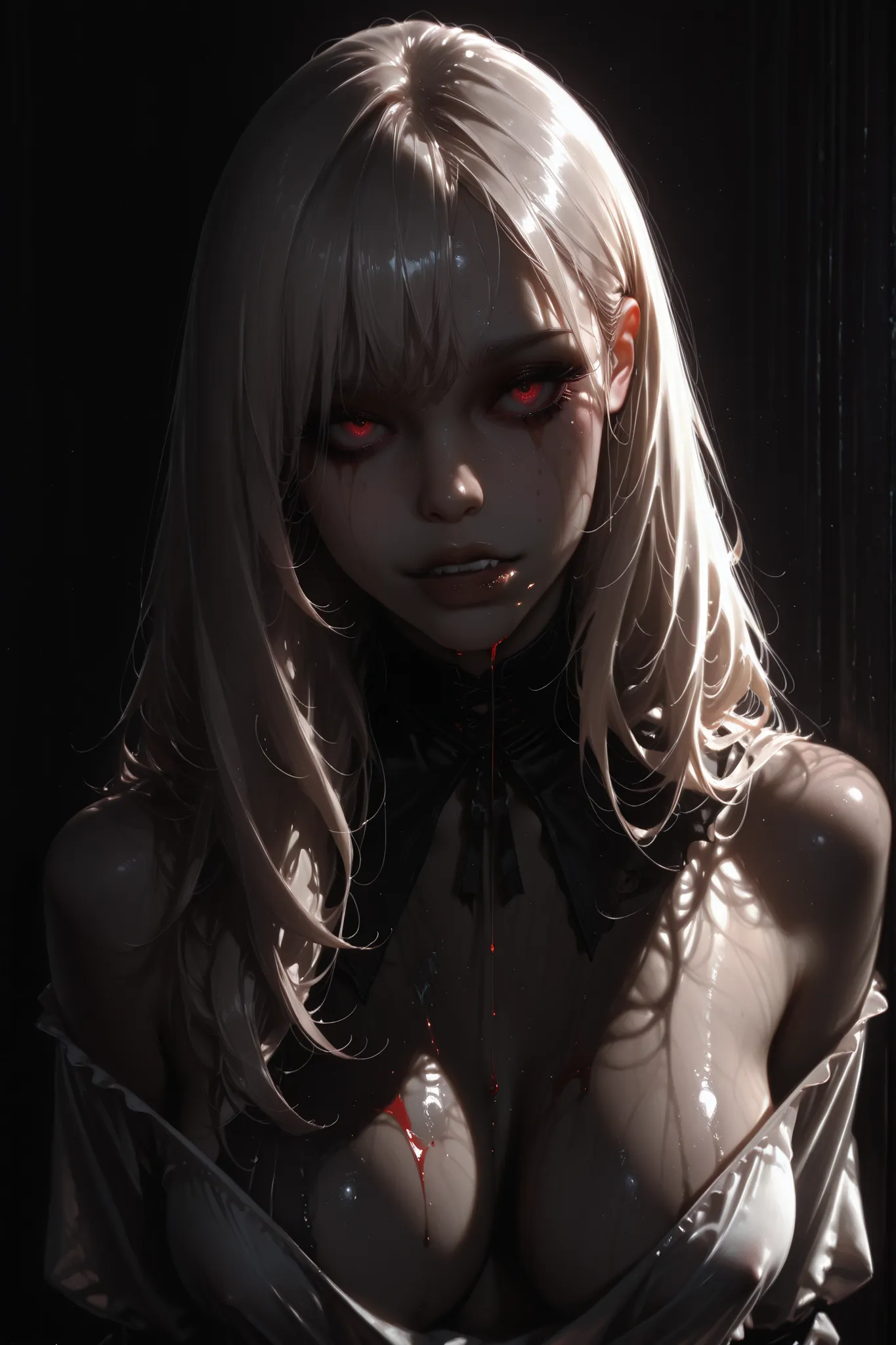 Hyperrealistic digital painting of a pale-skinned vampire woman with long, wavy, platinum-blonde hair. Her face is stained with blood, which drips from her mouth as she seductively bites a finger. Her full lips are painted a deep red, matching the blood. S...