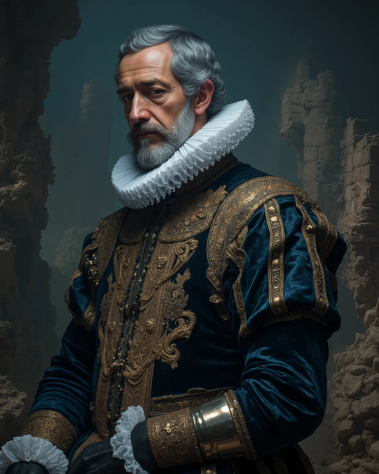 The great Philip II of Spain, dressed in the elaborate and intricately embroidered attire of a 17th century Spanish nobleman. His iconic mustache and beard, now gray, frame a face marked by age and wisdom. A dark velvet suede, lined with gold thread, he wr...