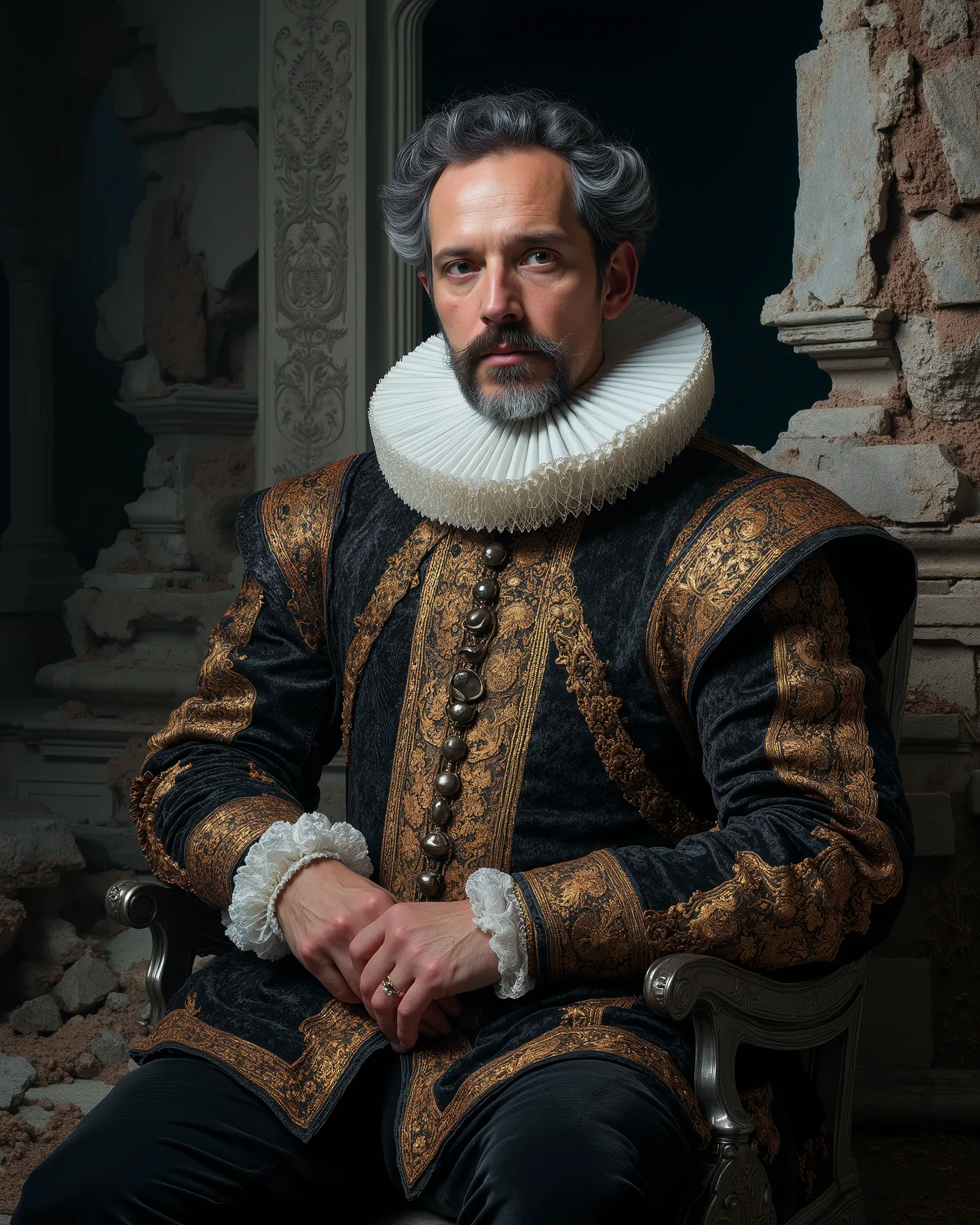 The great Philip II of Spain, dressed in the elaborate and intricately embroidered attire of a 17th century Spanish nobleman. His iconic mustache and beard, now gray, frame a face marked by age and wisdom. A dark velvet suede, lined with gold thread, he wr...