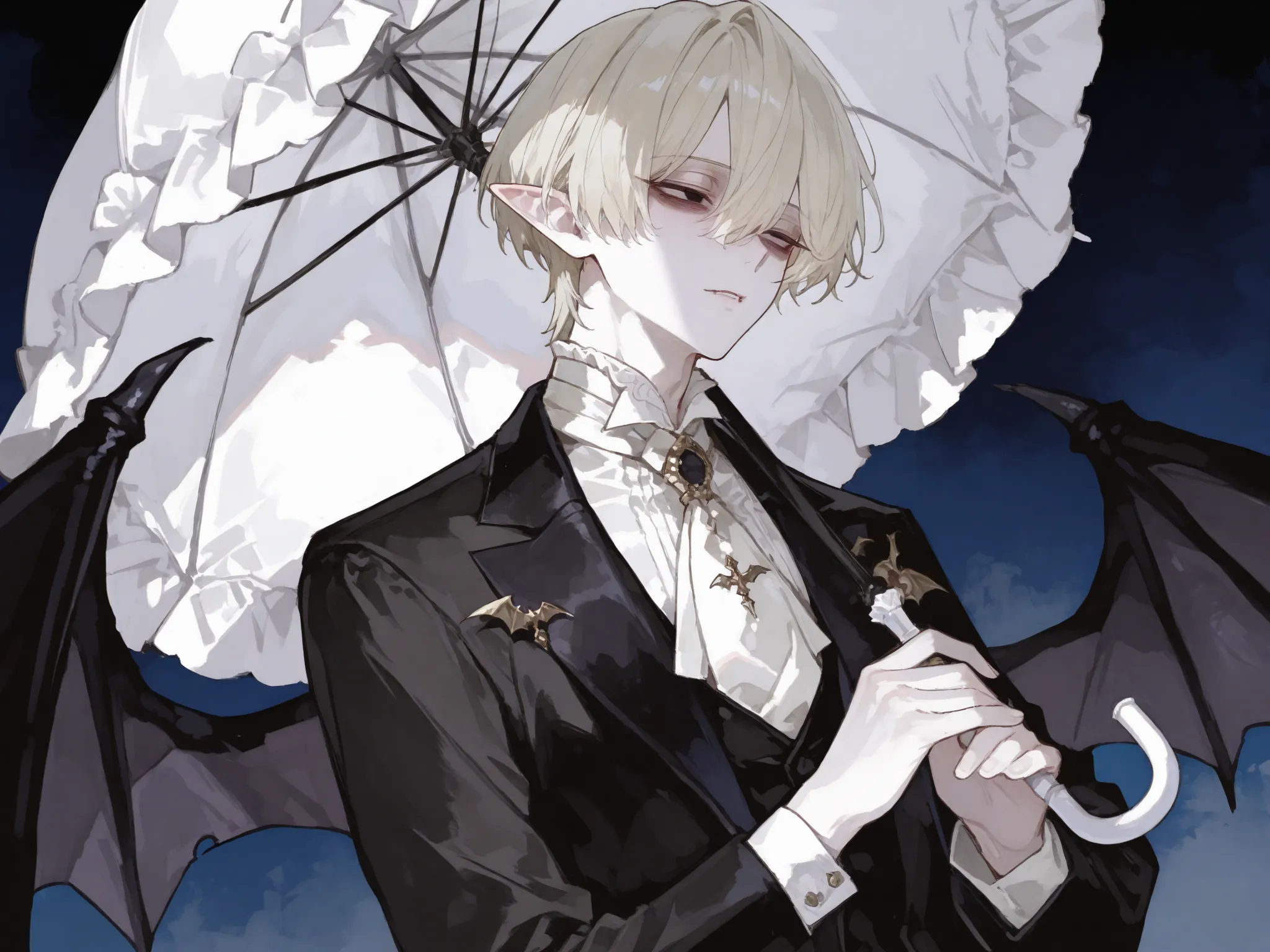 score_9, score_8_consolation, score_7_consolation, solo, watercolor, 1 male, solo , One Man , platinum blonde hair on the chest , hair from the waist、are worn on the right shoulder , Tie one vampire feather , No expression ,  black eyes , Slender-eyed , Ho...