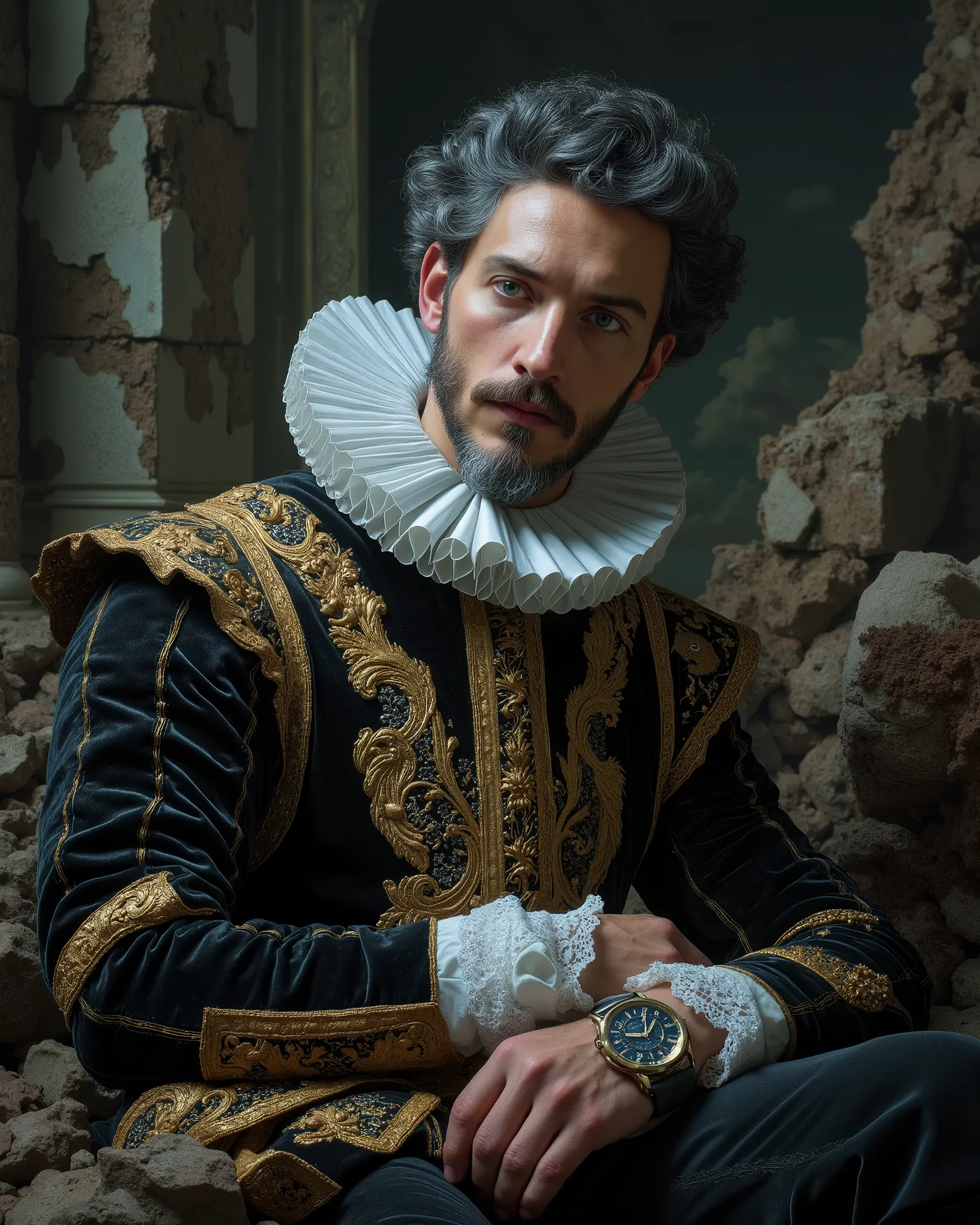 Close-up of The Great Philip II of Spain, dressed in the elaborate and intricately embroidered attire of a 17th century Spanish nobleman. His iconic mustache and beard, now gray, frame a face marked by age and wisdom. A dark velvet suede, lined with gold t...