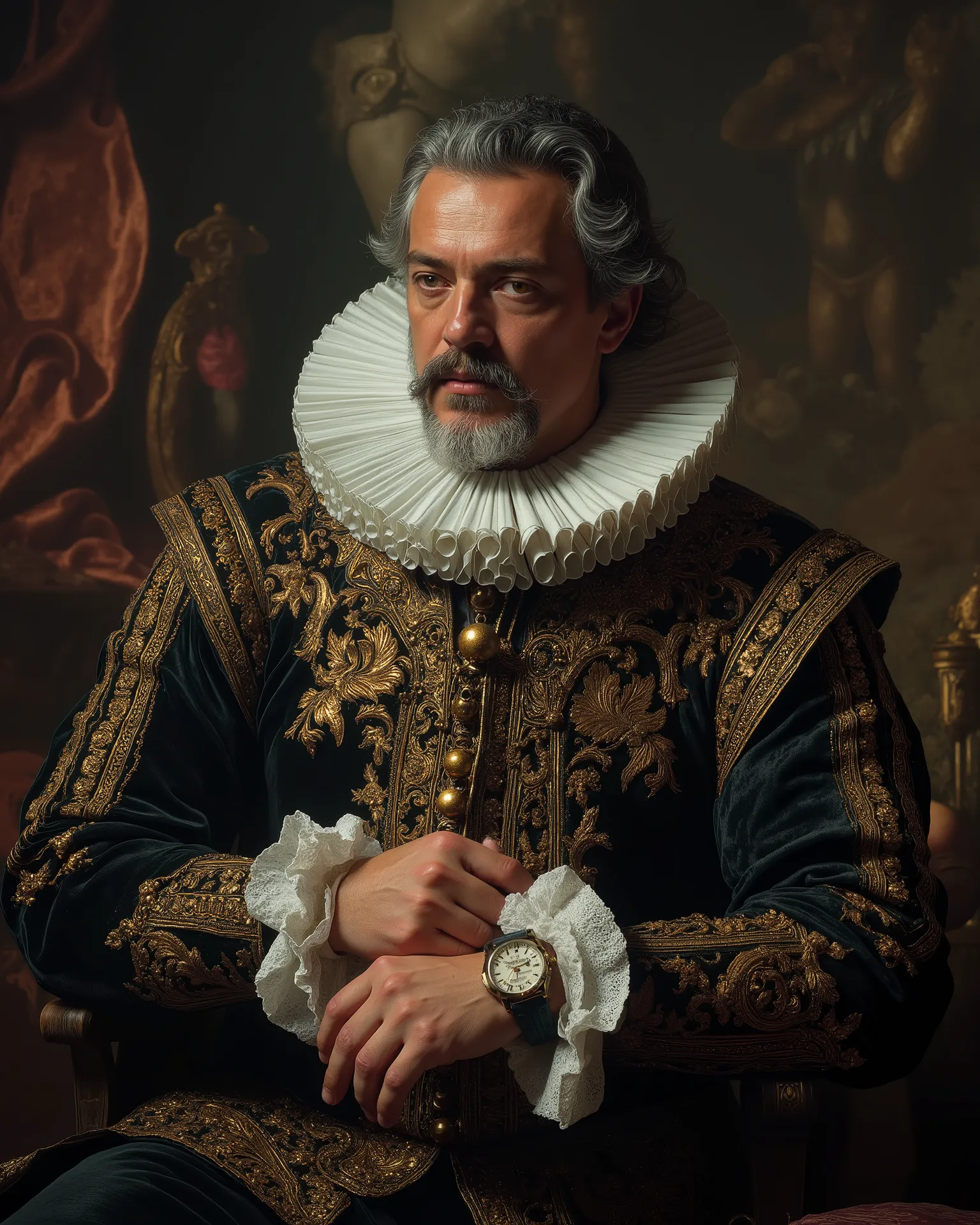 Close-up of The Great Philip II of Spain, dressed in the elaborate and intricately embroidered attire of a 17th century Spanish nobleman. His iconic mustache and beard, now gray, frame a face marked by age and wisdom. A dark velvet suede, lined with gold t...