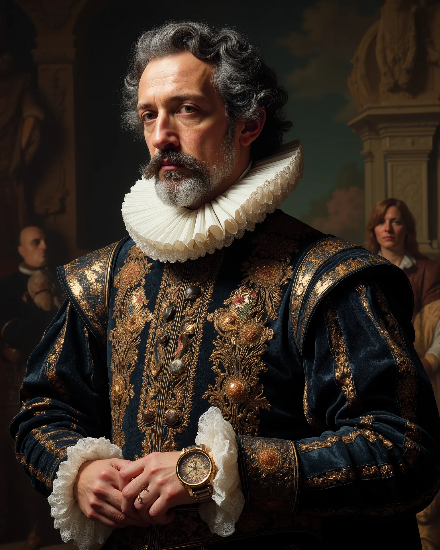 Close-up of The Great Philip II of Spain, dressed in the elaborate and intricately embroidered attire of a 17th century Spanish nobleman. His iconic mustache and beard, now gray, frame a face marked by age and wisdom. A dark velvet suede, lined with gold t...