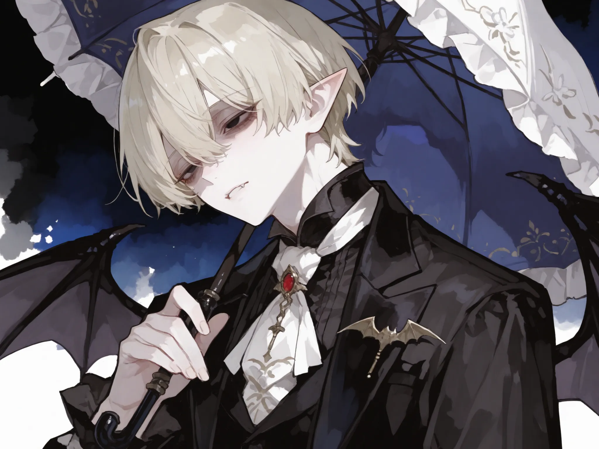 score_9, score_8_consolation, score_7_consolation, solo, watercolor, 1 male, solo , One Man , platinum blonde hair on the chest , hair from the waist、are worn on the right shoulder , Tie one vampire feather , No expression ,  black eyes , Slender-eyed , Ho...