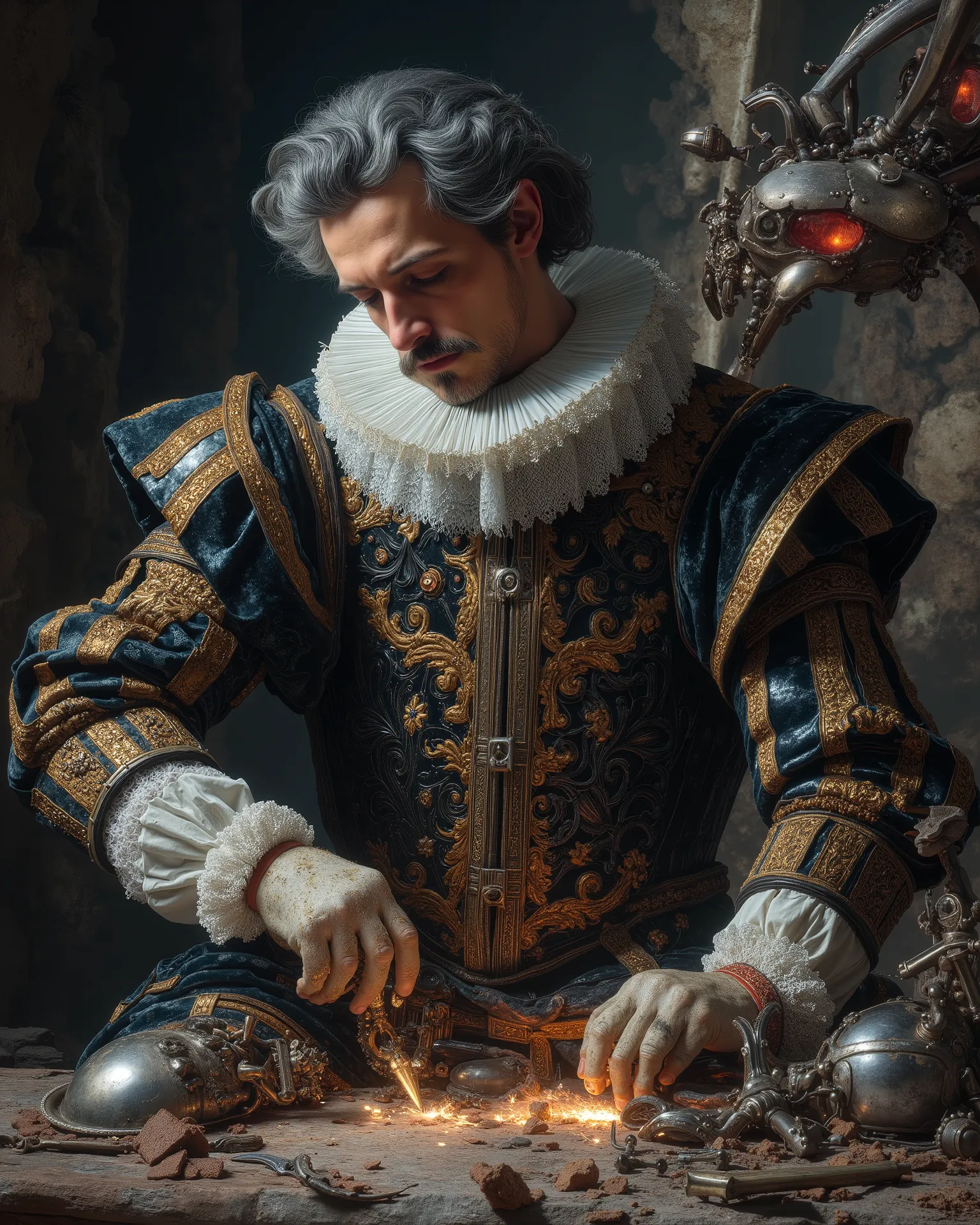 Miguel de Cervantes pillow fight under a machine in the workshop, dressed in the elaborate and intricately embroidered attire of a 17th century Spanish nobleman. His iconic mustache and beard, now gray, frame a face marked by age and wisdom. A dark velvet ...