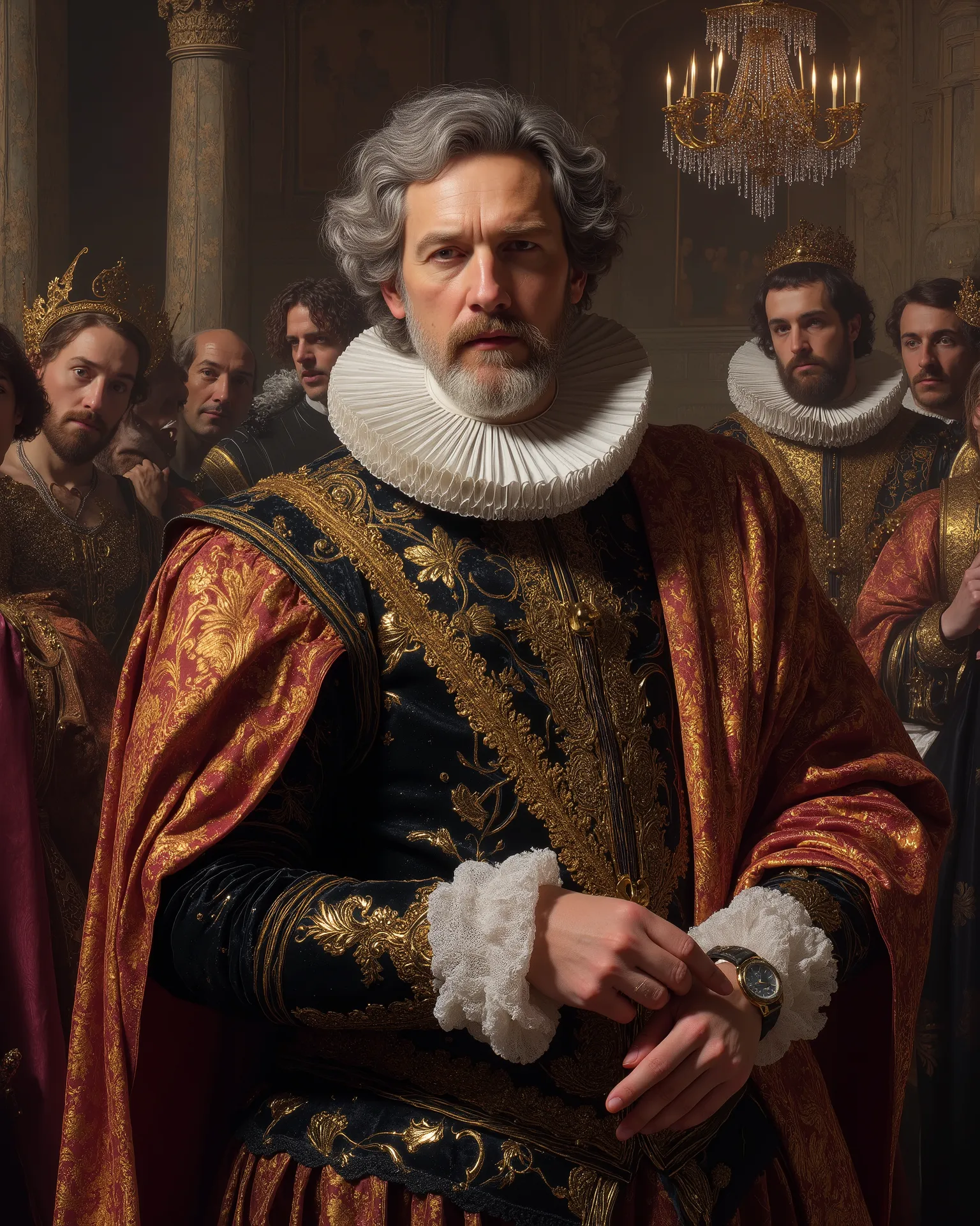  From the lofty and imposing perspective of Philip II, in the foreground of the 17th century Spanish monarch. His face, crossed by age and wisdom, is framed by his iconic mustache and gray beard. A dark velvet jute intricately embroidered with gold thread,...