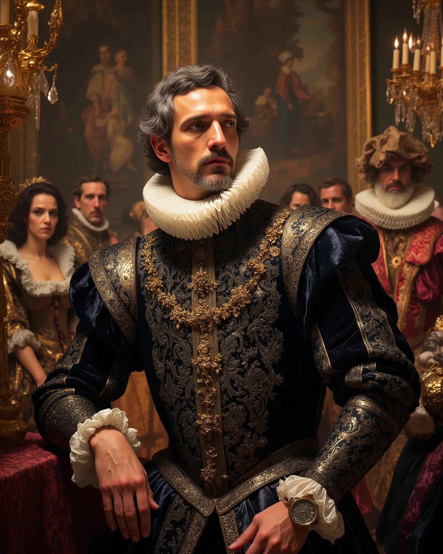  From the lofty and imposing perspective of Philip II, in the foreground of the 17th century Spanish monarch. His face, crossed by age and wisdom, is framed by his iconic mustache and gray beard. A dark velvet jute intricately embroidered with gold thread,...