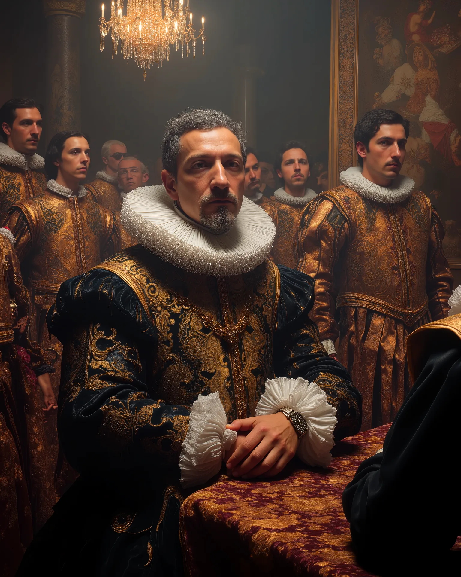  From the lofty and imposing perspective of Philip II, in the foreground of the 17th century Spanish monarch. His face, crossed by age and wisdom, is framed by his iconic mustache and gray beard. A dark velvet jute intricately embroidered with gold thread,...