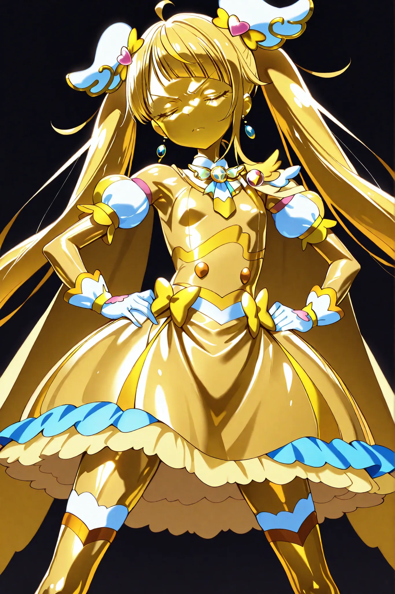 Cure Sky, masterpiece, best quality, Newest, very high resolution, closed eyes, yellow hair,  yellow sclera, closed mouth, No students, Yellow skin, shiny skin,  metal skin, Black eyebrows, 1girl, solo, cowboy shot, standing, Dynamic, watching viewers, Sle...