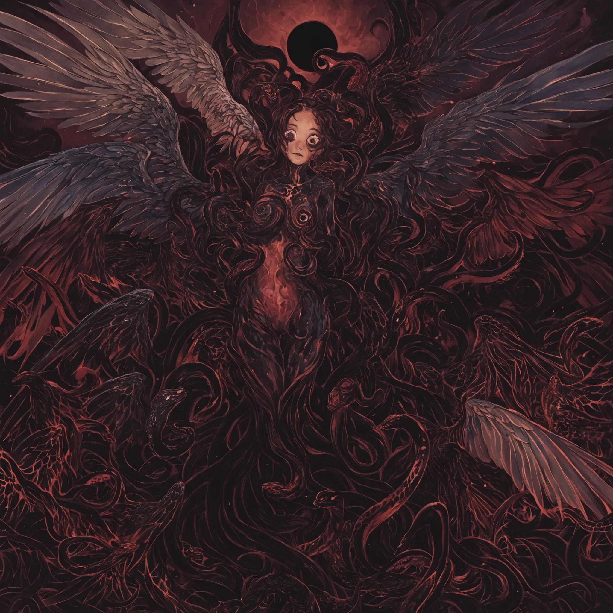 high quality, dark art, Surrealism, female chimera angel, writhing snakes instead of a head, many pairs of curved wings, tentacles sprout from the torso, tentacles open all over the body, scaly skin, snake eyes , distorted anatomy, dark aura, cosmic chaos ...