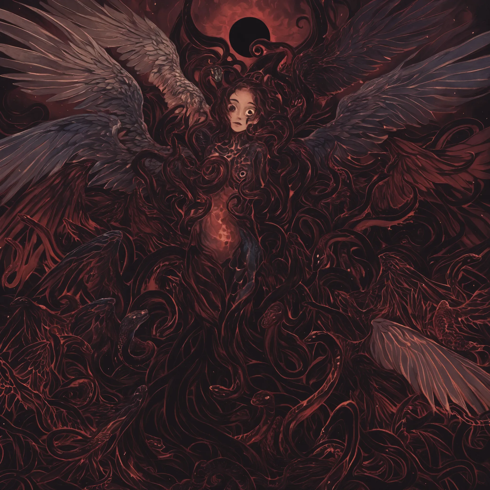 high quality, dark art, Surrealism, female chimera angel, writhing snakes instead of a head, many pairs of curved wings, tentacles sprout from the torso, tentacles open all over the body, scaly skin, snake eyes , distorted anatomy, dark aura, cosmic chaos ...
