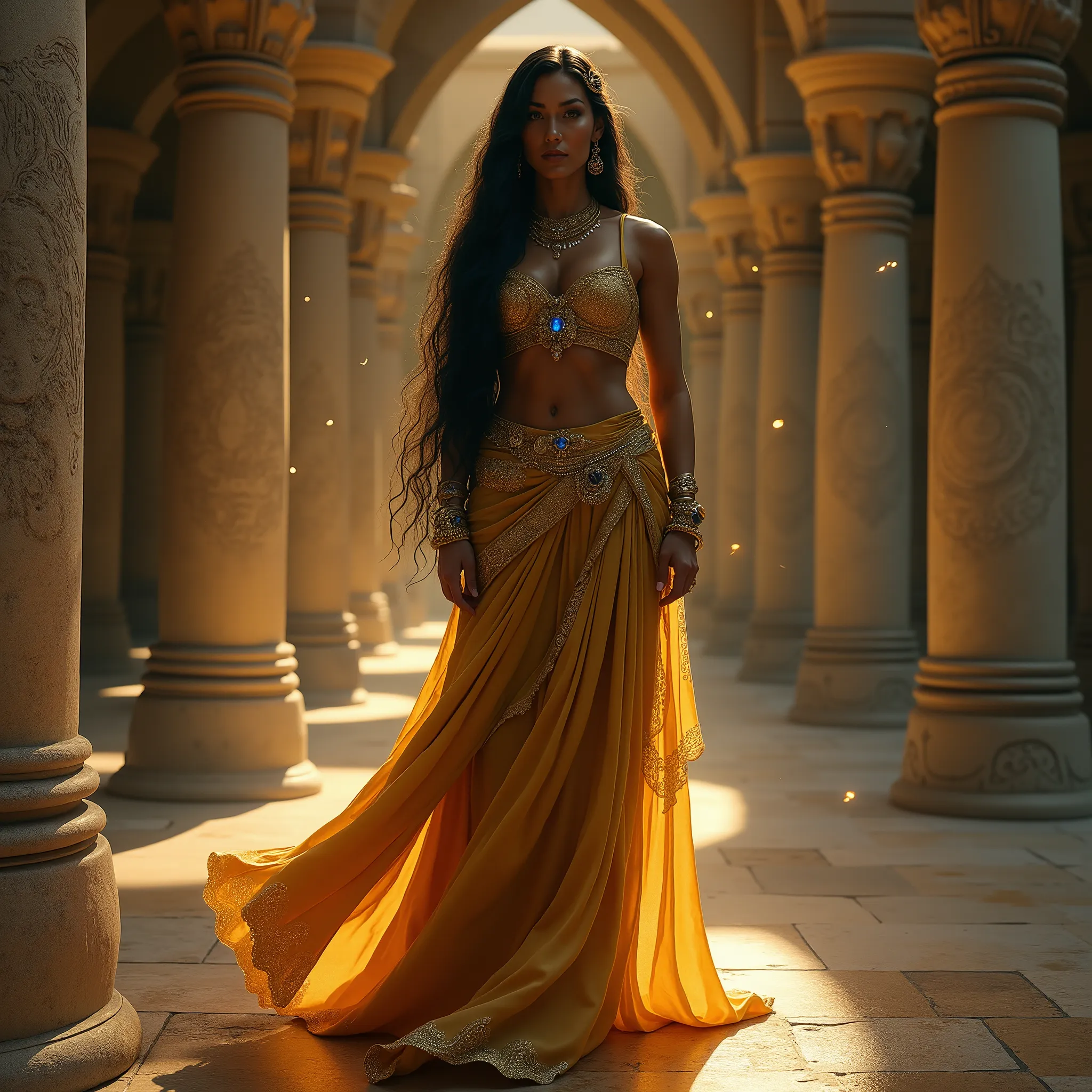 Full-body ultra-detailed masterpiece of an ancient Persian princess, glowing bronze skin, long flowing black hair, deep almond-shaped eyes radiating free spirit and tenderness, curvaceous hourglass figure, revealing elegant curves, consistent voluptuou...