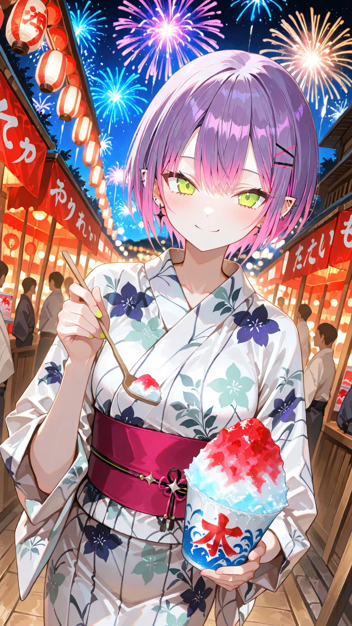 (masterpiece, detailed:1.2),exquisite realistic style（0.8）, Master Level,Extreme Details,Professional Post-Treatment,Masterpiece,anime style（1.2）,best quality,high resolution,8K,1girl, solo, yukata, natsumatsuri, japanese festival, night, fireworks on the ...