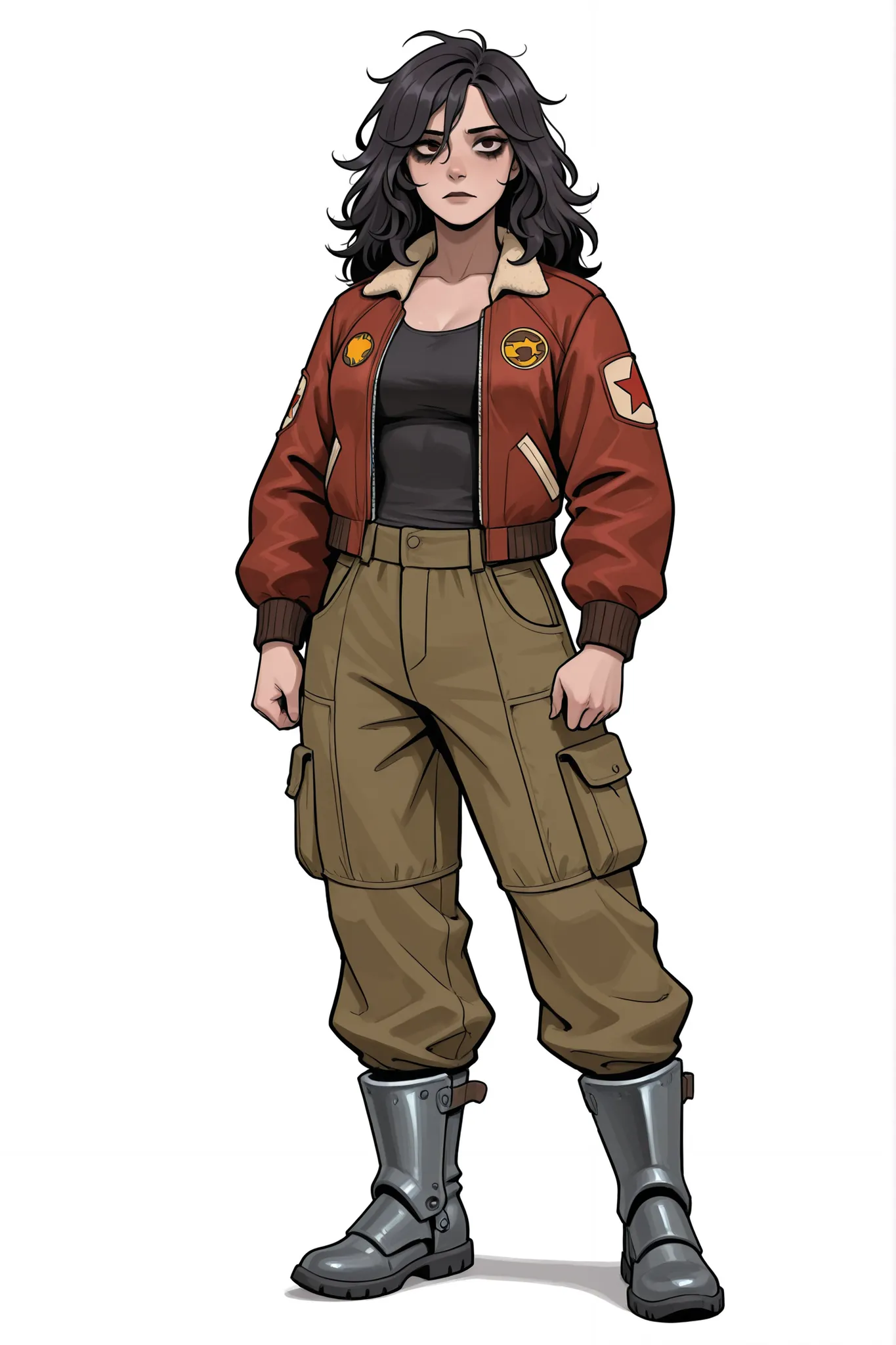 smuggler girl, dark messy hair, hazel eyes. tattered red bomber jacket, cargo pants, magnetic boots
