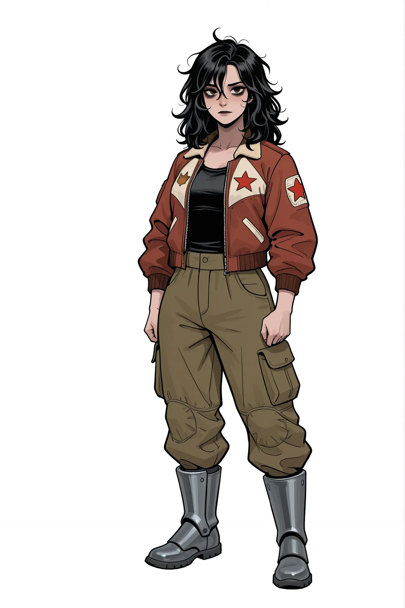 smuggler girl, dark messy hair, hazel eyes. tattered red bomber jacket, cargo pants, magnetic boots