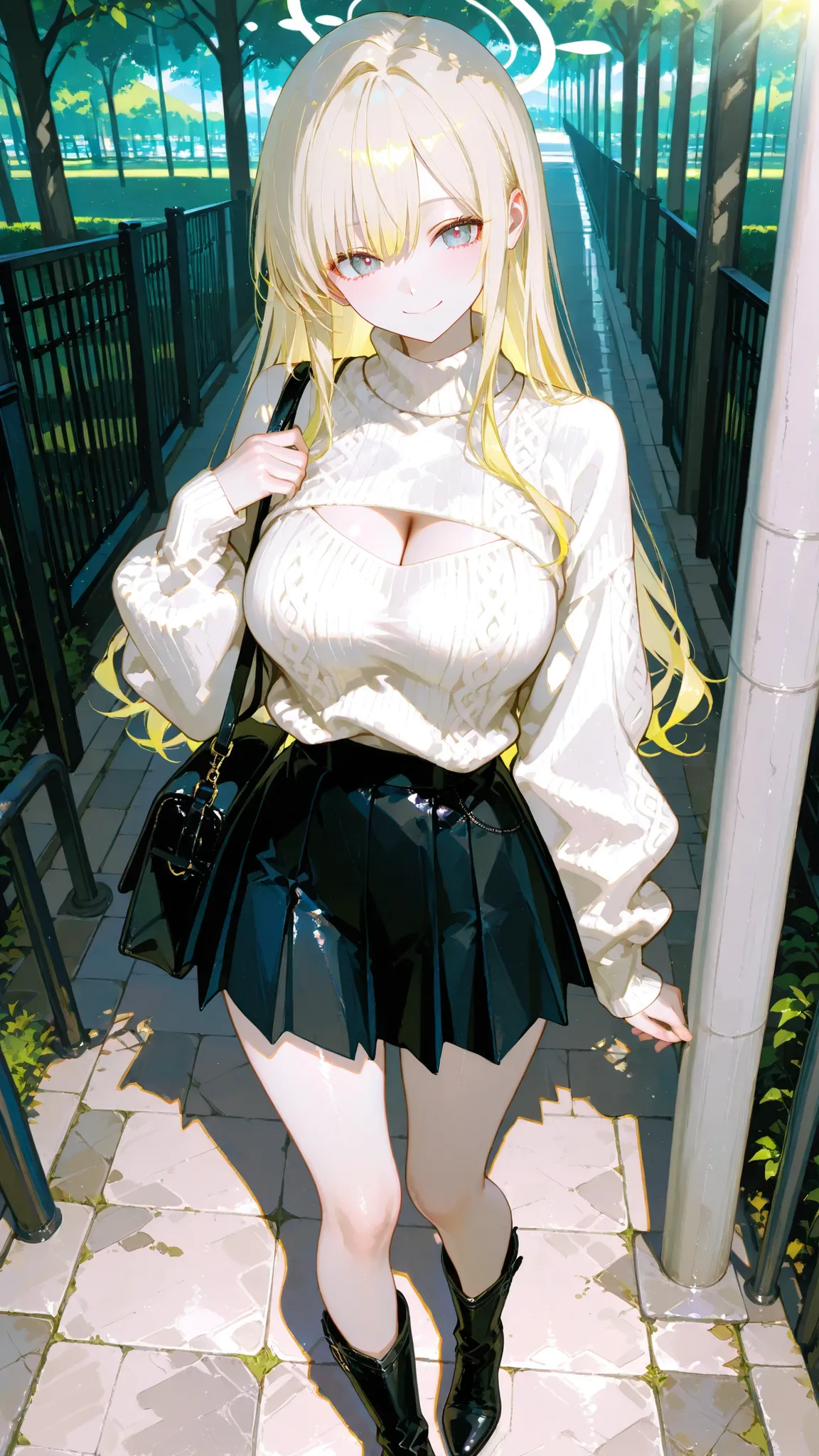 exquisite realistic style（0.8）, Master Level,Extreme Details,Professional Post-Treatment,Masterpiece,anime style（1.2）,best quality,high resolution,8K,Soft Light、bright colors、glossy skin、delicate skin texture、Pale blonde、Shoe details 、  walk in the park、Wh...